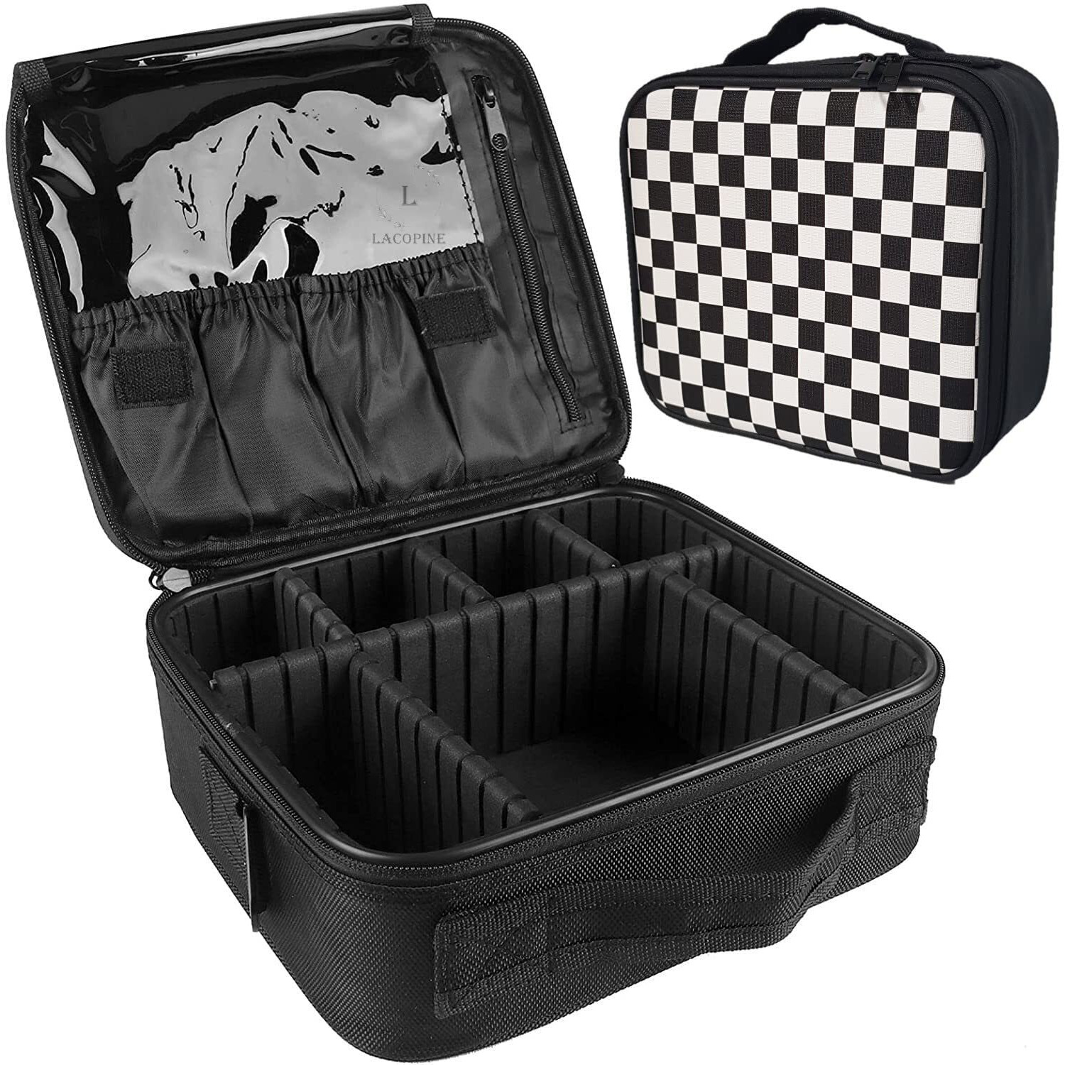 Lacopine Travel Professional Makeup Case Organizer Bag For Women | Portable Artist Storage Makeup Brush Bag With Adjustable Dividers (Chess Pattern, 10 Inch (1 Layer))