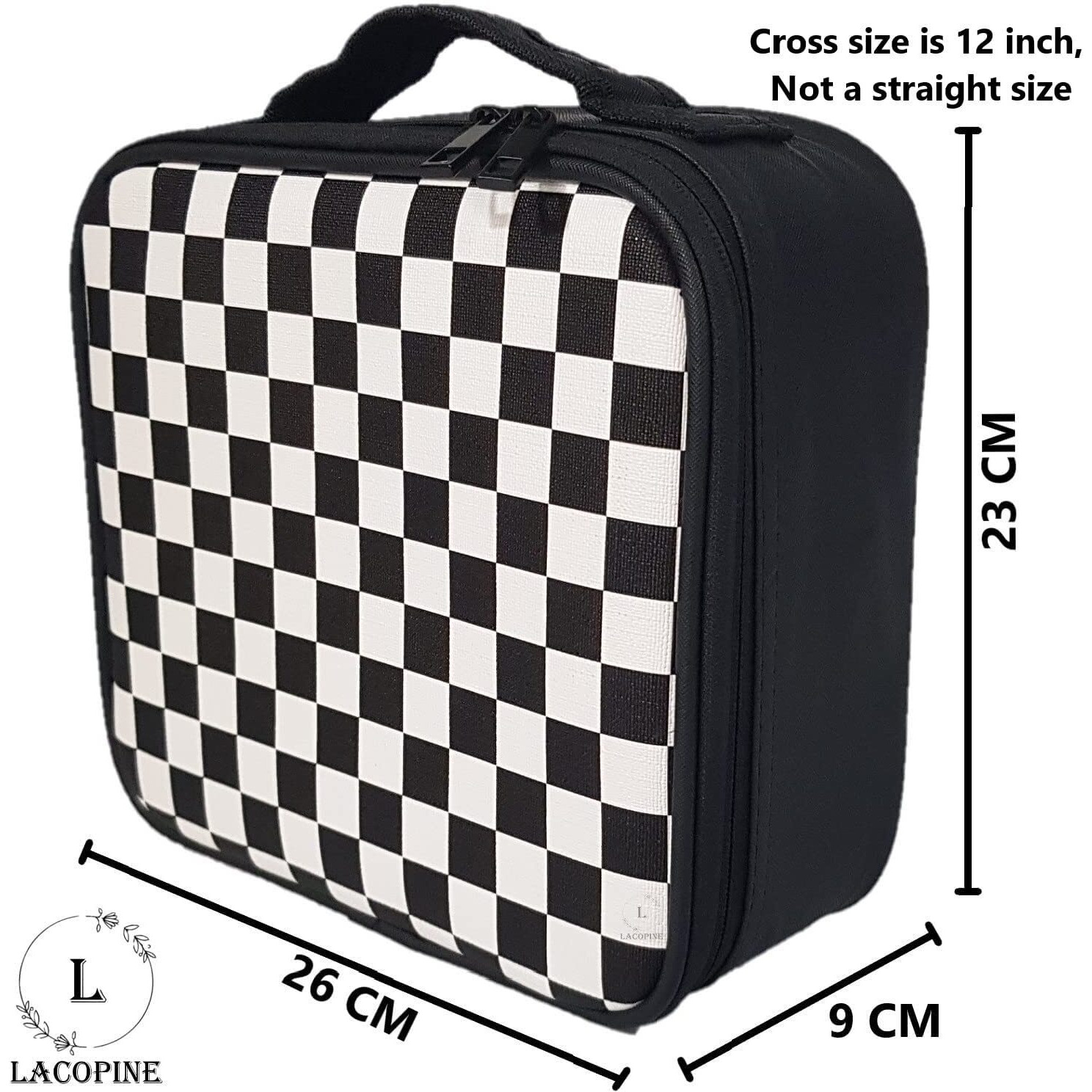 Lacopine Travel Professional Makeup Case Organizer Bag For Women | Portable Artist Storage Makeup Brush Bag With Adjustable Dividers (Chess Pattern, 10 Inch (1 Layer))