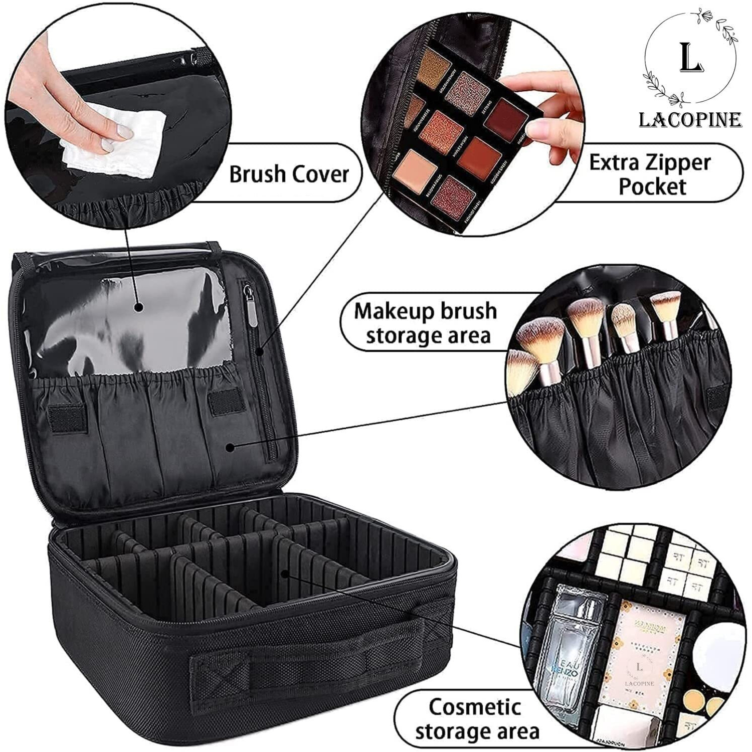 Lacopine Travel Professional Makeup Case Organizer Bag For Women | Portable Artist Storage Makeup Brush Bag With Adjustable Dividers (Chess Pattern, 10 Inch (1 Layer))