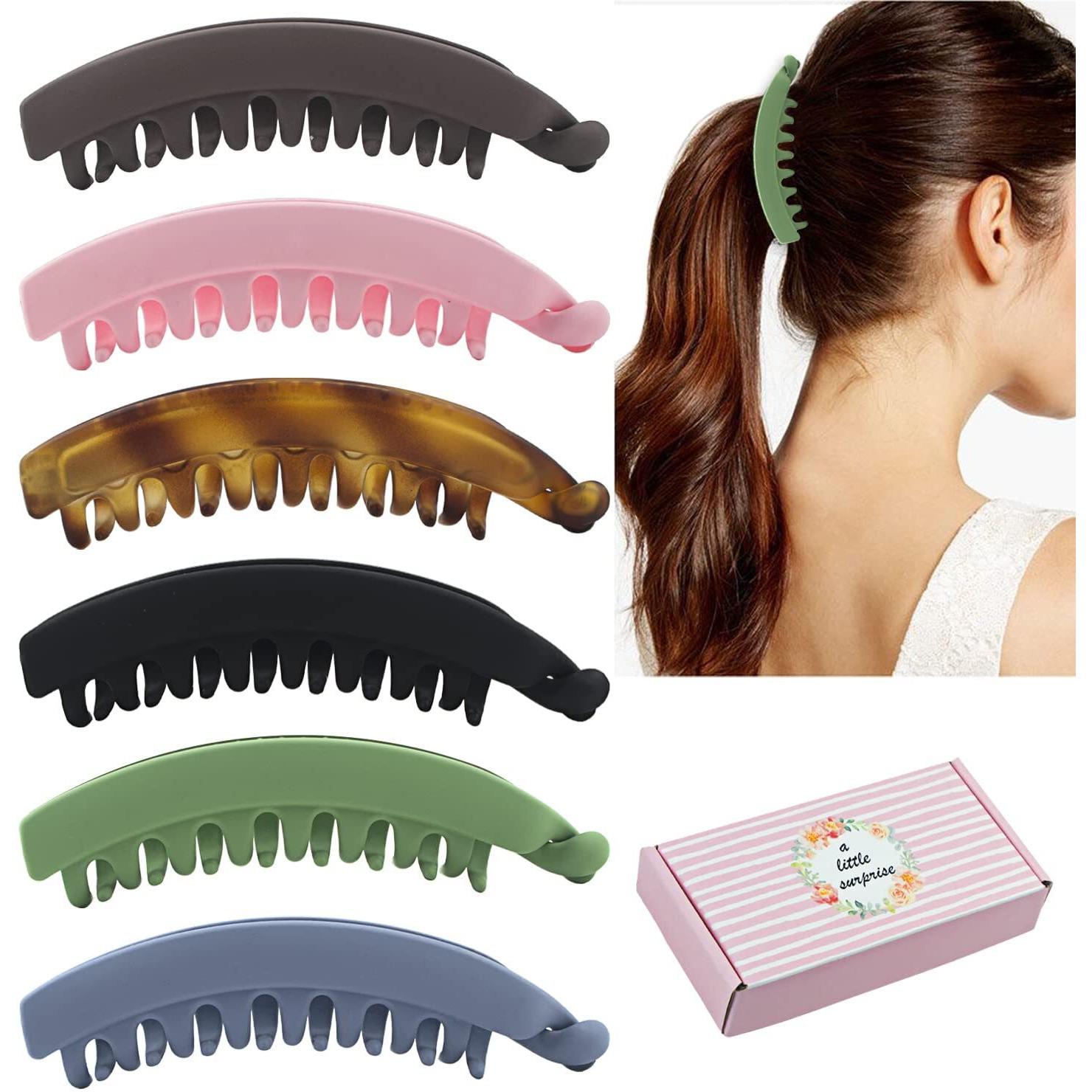 Birdware Big Size Multi Color Imported Rubber Acrylic Material Stone Banana Hair Clips For Women (Multi Colour) | Hair Clutchers (6 Pc Teeth Multi Banana)