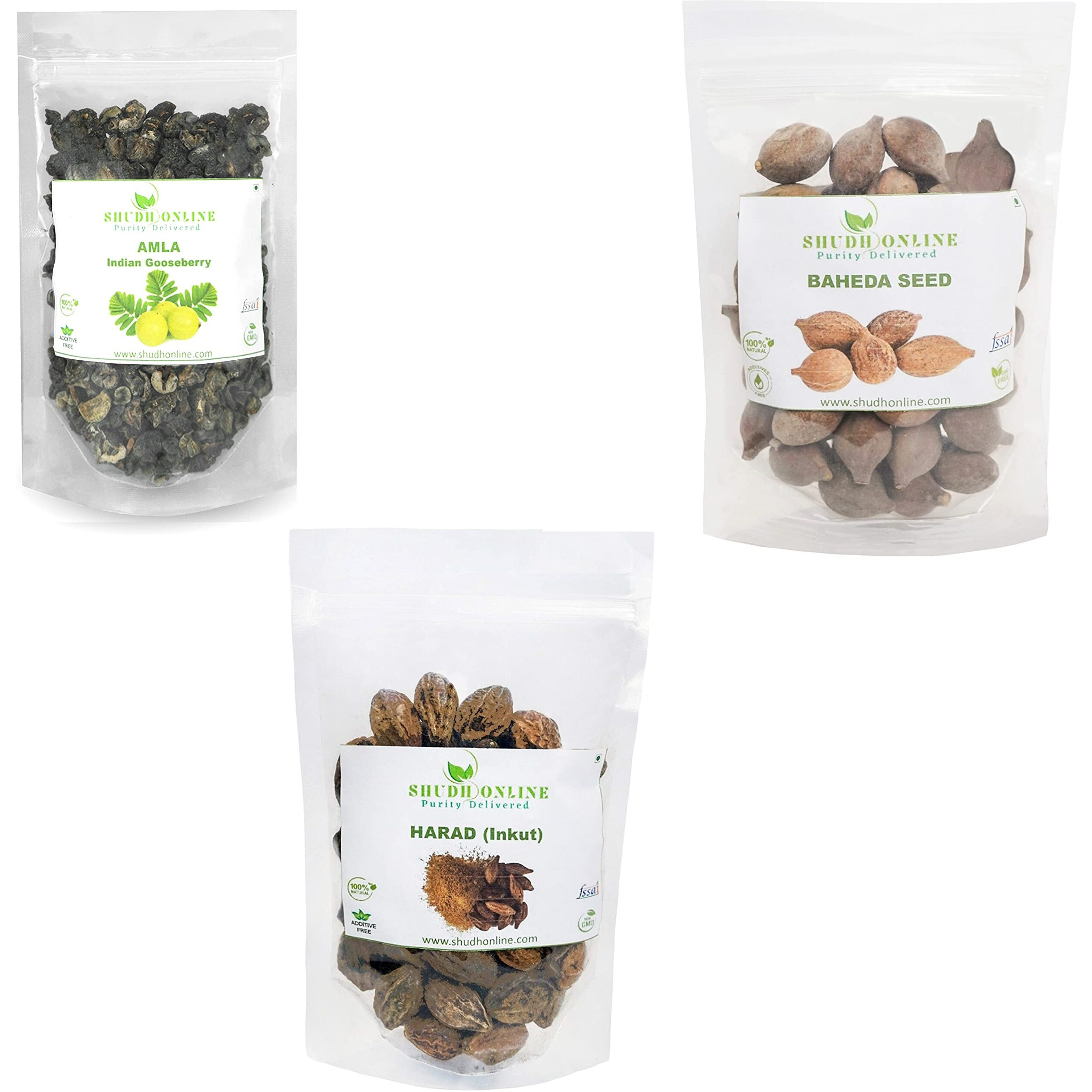 Shudh Online Dry Amla, Baheda, Harad Combo - Triphala Raw (300 Grams - 100 Gr Each) 111 Ratio For Digestion, Weight Loss, Hair Growth, Skin Care