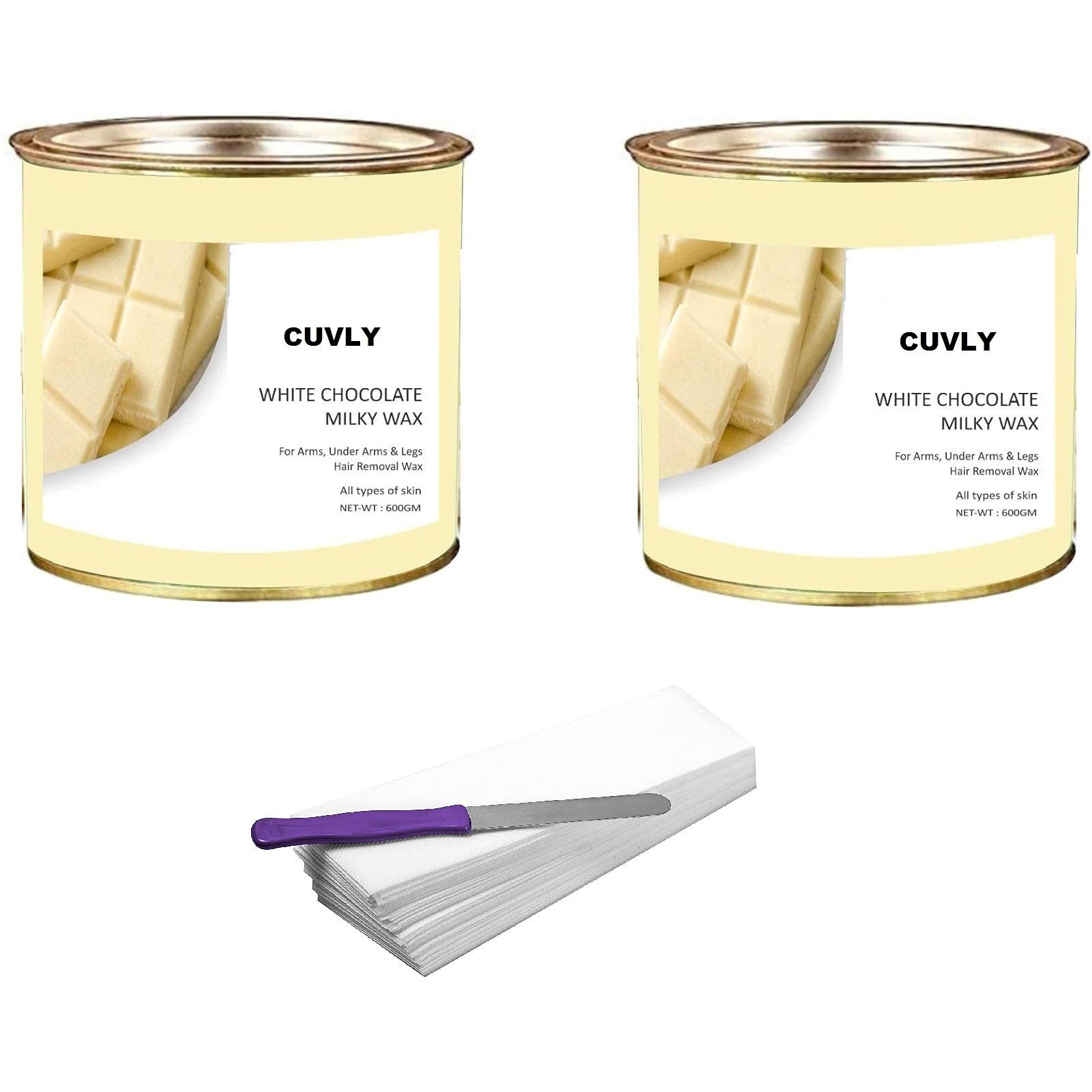 Cuvly Wax Waxing Hair Removal Wax White Chocolate 600G + 600G (Pack Of 2) Strip 70Pcs + Knife Wax Combo Kit
