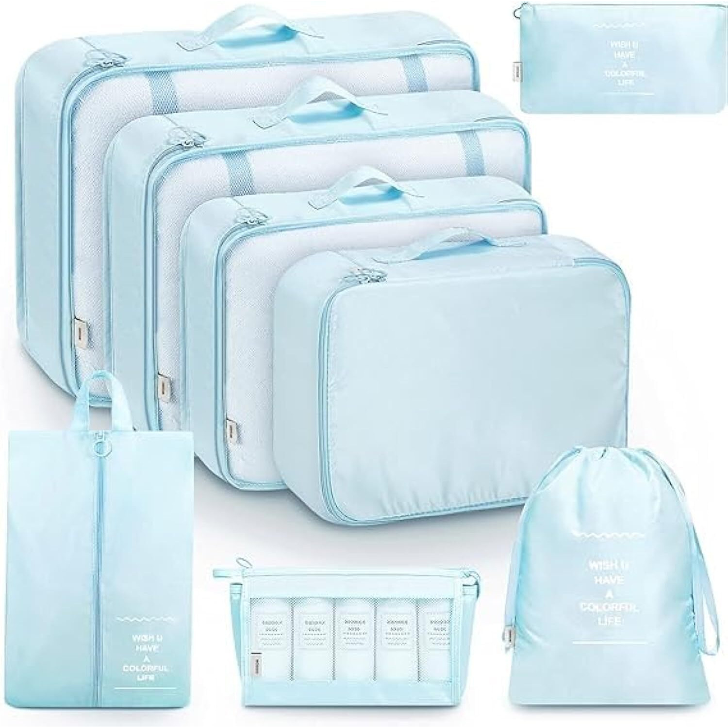 Flyngo Nylon 8 Pcs Travel Organizer Pouch Packing Cubes For Clothes Space Savers Bags Cosmetics/Underwear/Socks/Shoes Toiletry Bag Laundry Organiser(Light Blue)