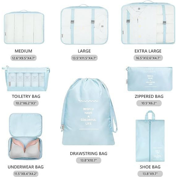Flyngo Nylon 8 Pcs Travel Organizer Pouch Packing Cubes For Clothes Space Savers Bags Cosmetics/Underwear/Socks/Shoes Toiletry Bag Laundry Organiser(Light Blue)