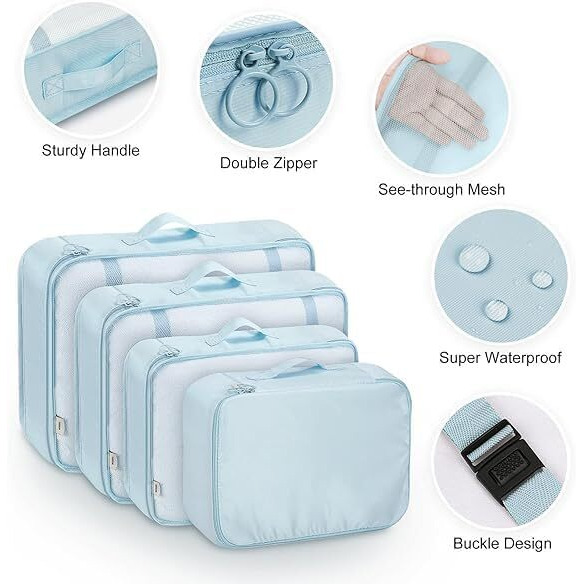 Flyngo Nylon 8 Pcs Travel Organizer Pouch Packing Cubes For Clothes Space Savers Bags Cosmetics/Underwear/Socks/Shoes Toiletry Bag Laundry Organiser(Light Blue)