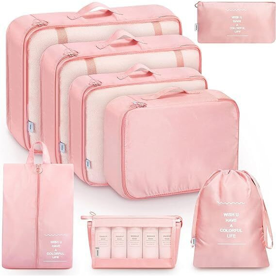 Flyngo Nylon 8 Pcs Travel Organizer Pouch Packing Cubes For Clothes Space Savers Bags Cosmetics/Underwear/Socks/Shoes Toiletry Bag Laundry Organiser(Pink)