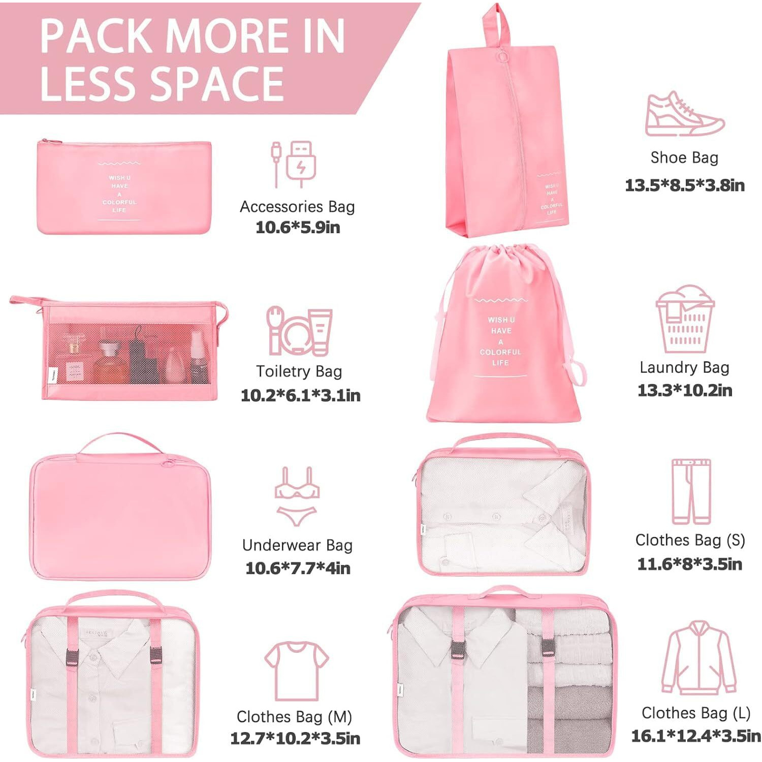 Flyngo Nylon 8 Pcs Travel Organizer Pouch Packing Cubes For Clothes Space Savers Bags Cosmetics/Underwear/Socks/Shoes Toiletry Bag Laundry Organiser(Pink)