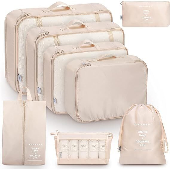 Flyngo Nylon 8 Pcs Travel Organizer Pouch Packing Cubes For Clothes Space Savers Bags Cosmetics/Underwear/Socks/Shoes Toiletry Bag Laundry Organiser(Beige)