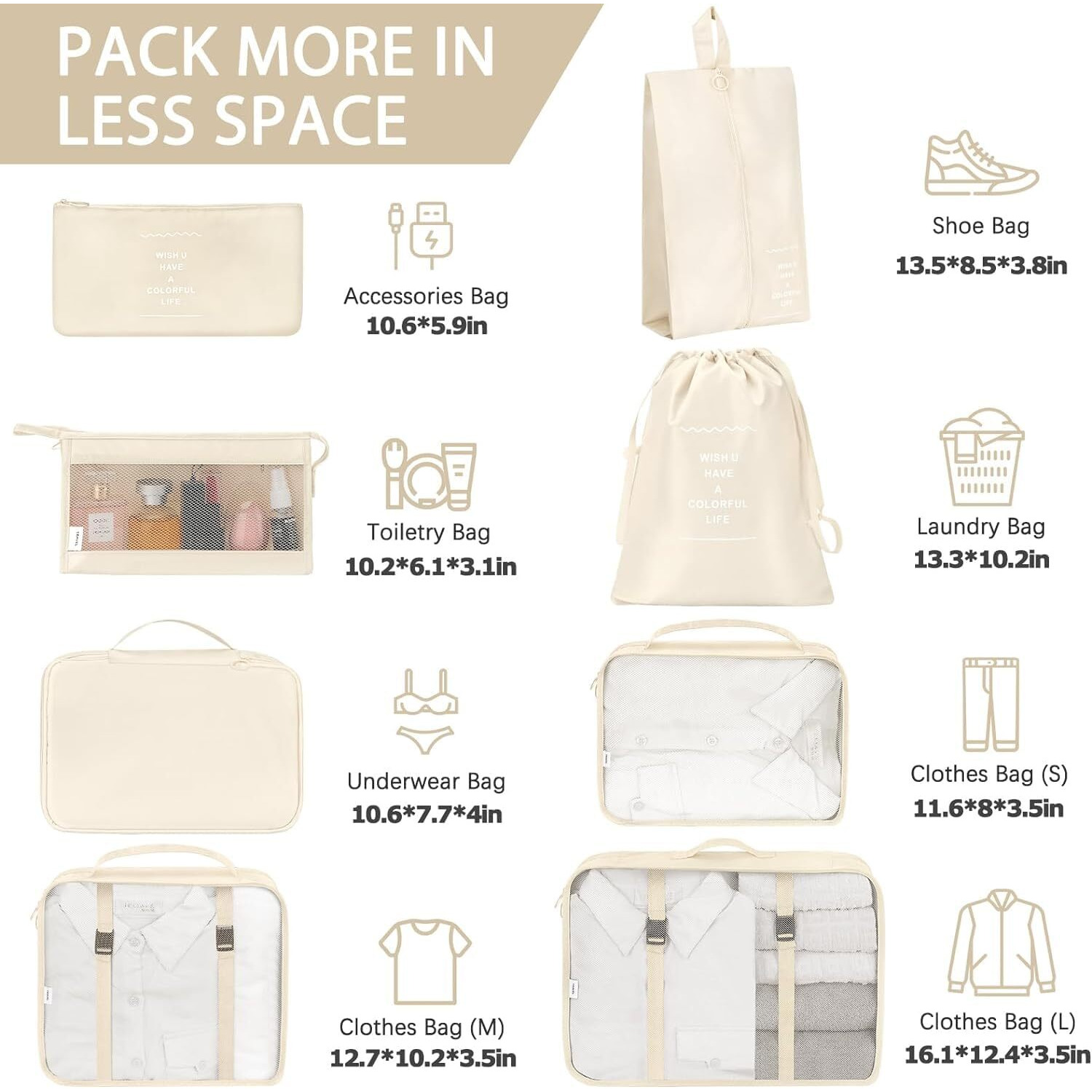 Flyngo Nylon 8 Pcs Travel Organizer Pouch Packing Cubes For Clothes Space Savers Bags Cosmetics/Underwear/Socks/Shoes Toiletry Bag Laundry Organiser(Beige)