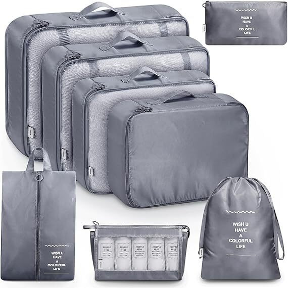 Flyngo 8 Pcs Travel Organizer Pouch Packing Cubes For Clothes Space Savers Bags Cosmetics/Underwear/Socks/Shoes Toiletry Bag Laundry Organiser (Grey) - Nylon