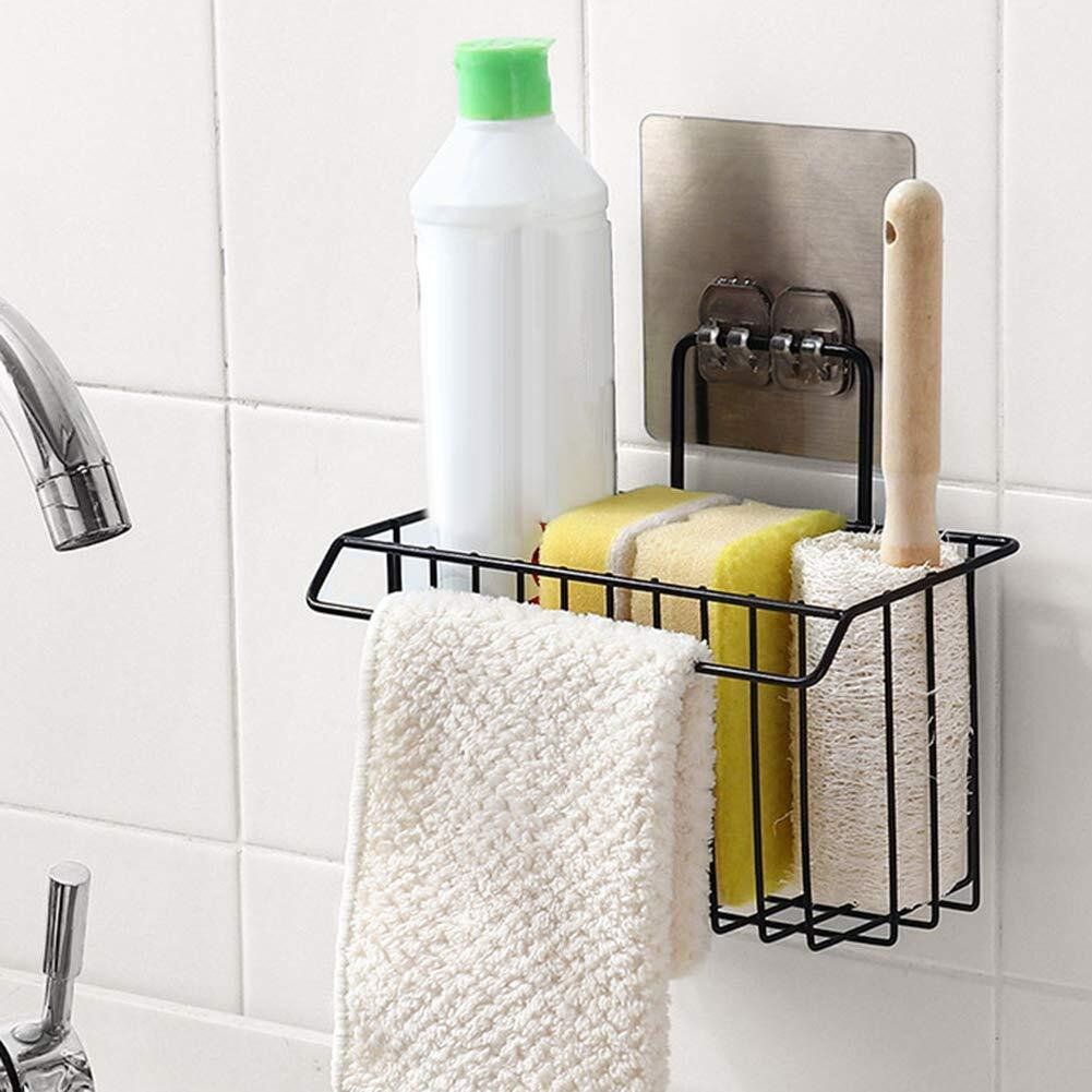 Zizly Sink Caddy Organizer Metal Iron Sponge Holder Rack Drain Rack Basket For Kitchen Brush Soap Dish-Washing Liquid, Towel Rack, Shampoo, Cosmetic Bottle Stand (Black)