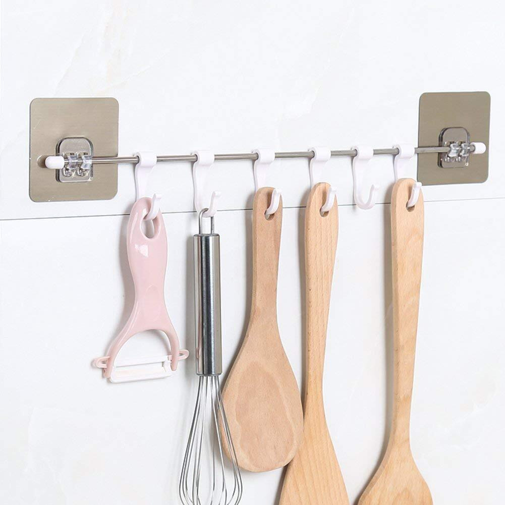 Zurato Self Adhesive Stainless Steel Rod With 6 Hooks Wall Mounted Utensil Hanging Rack For Kitchen, Bathroom Towel Hanger, Kitchen Hangers And Hooks(Sizee- 40 * 6Cm)