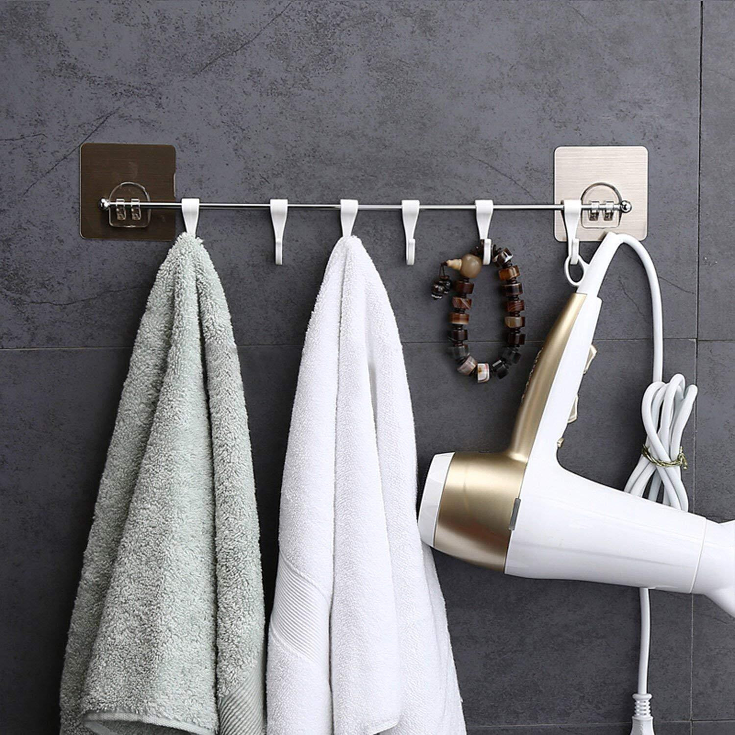 Zurato Self Adhesive Stainless Steel Rod With 6 Hooks Wall Mounted Utensil Hanging Rack For Kitchen, Bathroom Towel Hanger, Kitchen Hangers And Hooks(Sizee- 40 * 6Cm)