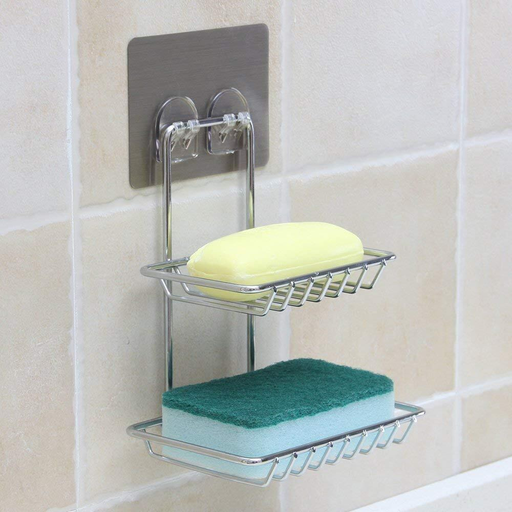 Yashodhara Self Adhesive Multipurpose Kitchen Bathroomwall Mount Self-Adhesive Stainless Steel Waterproof Kitchen Bathroom Double-Layer Soap Dish Holder, Soap Dish Holder