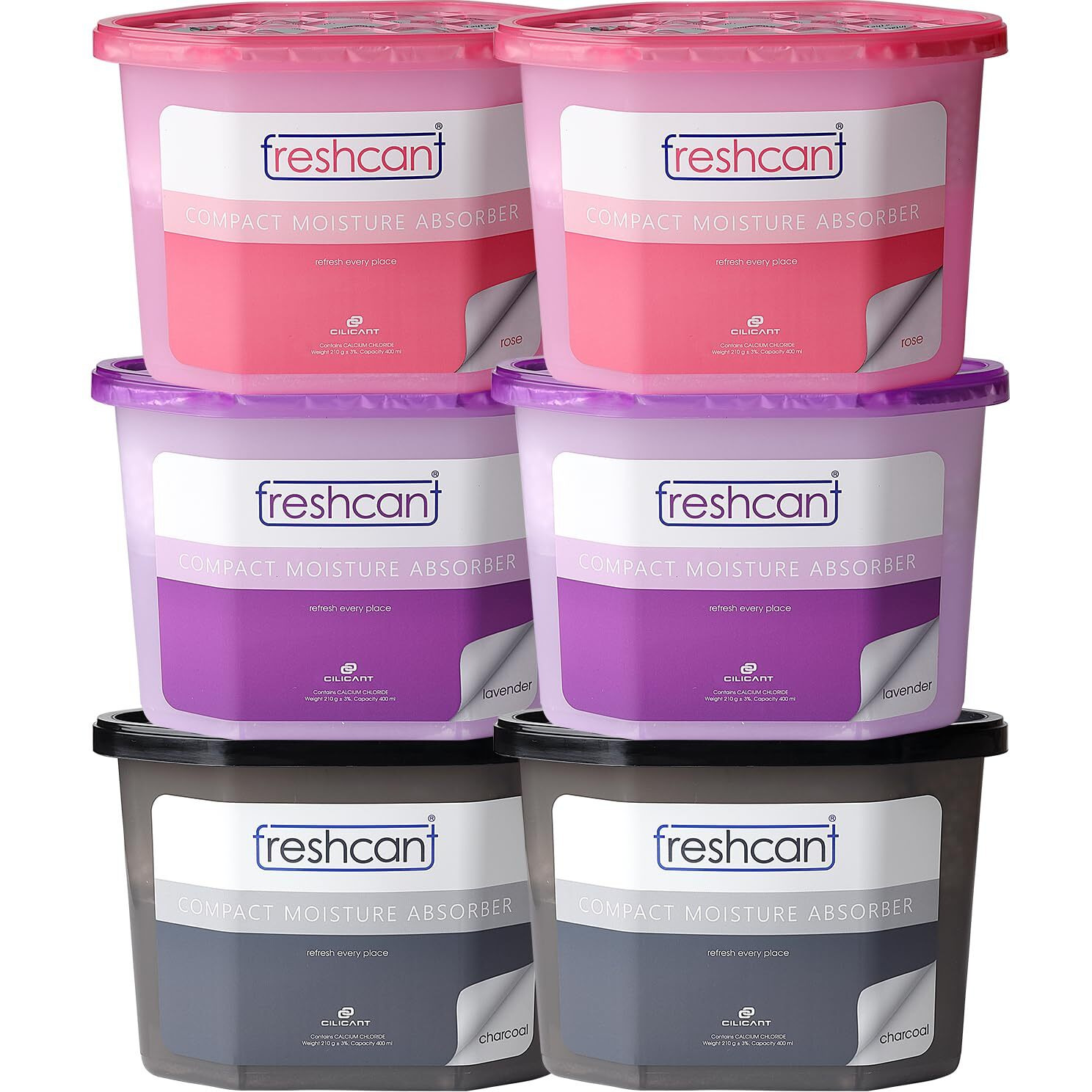 Freshcant Compact Moisture Absorber Refresh Every Place, Dehumidifier For Wardrobe/Closets, Storage Compartment, Cupboard, Almirah, Shoe Rack, Bathroom Uses (Combo Pack Of 6 -2 Lavender, 2 Rose & 2 Charcoal)