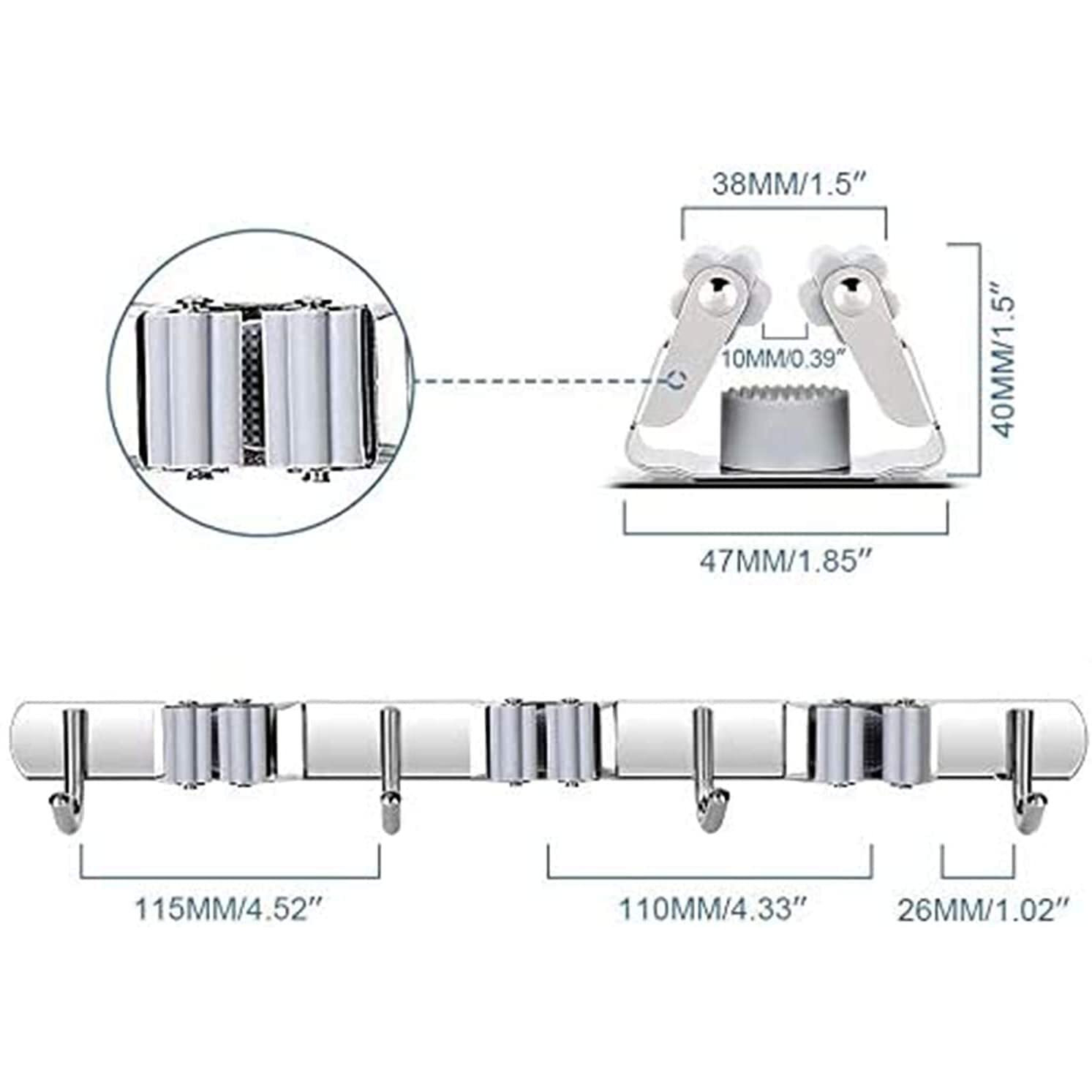 Mingsh Broom Mop Holder, Wall Mounted Heavy Duty Stainless Steel Storage Rack Organization Tools, Kitchen Garden Garage Or Bathroom And (3 Clip 4 Hook)