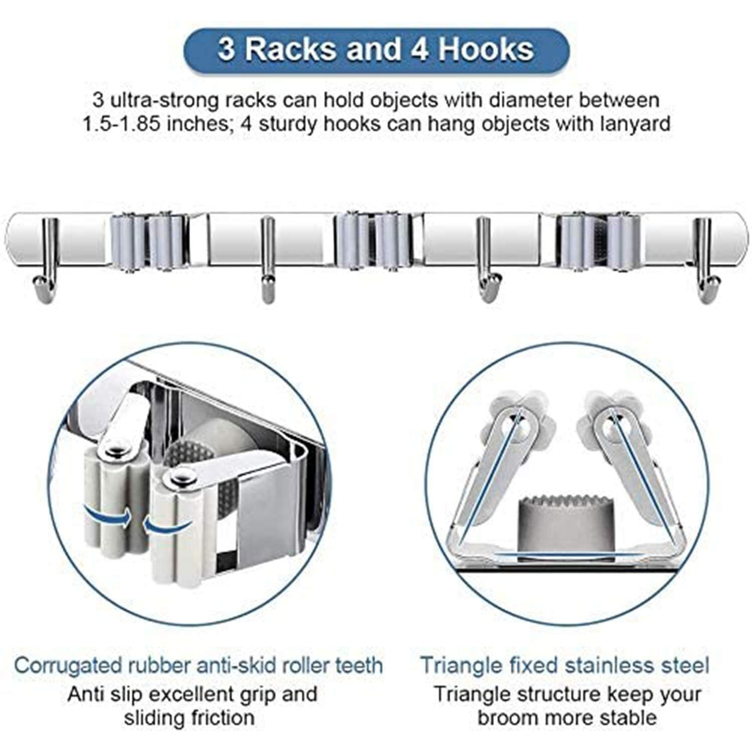 Mingsh Broom Mop Holder, Wall Mounted Heavy Duty Stainless Steel Storage Rack Organization Tools, Kitchen Garden Garage Or Bathroom And (3 Clip 4 Hook)