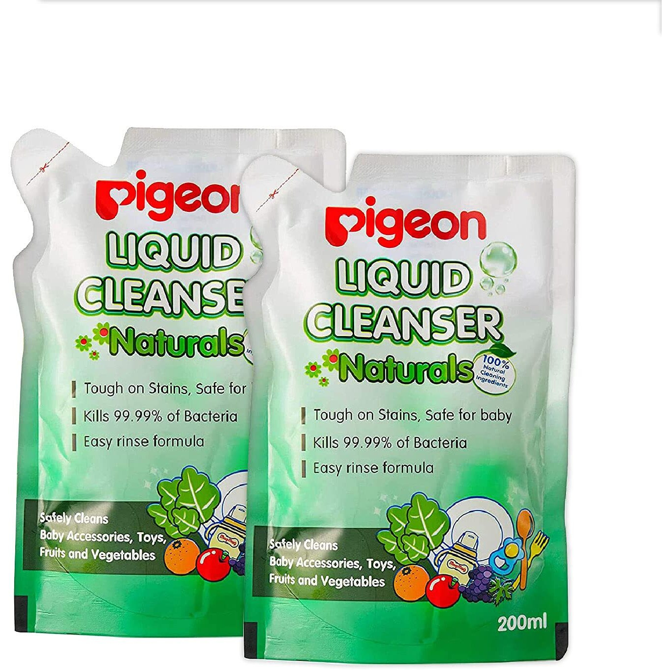 Pigeon Liquid Cleanser Naturals Refill ,Ph Friendly,No Added Color,No Added Alcohol,Natural Cleanser,For Baby Feeding Bottle,Bood Bowls,Feeding Accessories,Fruits And Vegetables,200 Ml,Pack Of 2