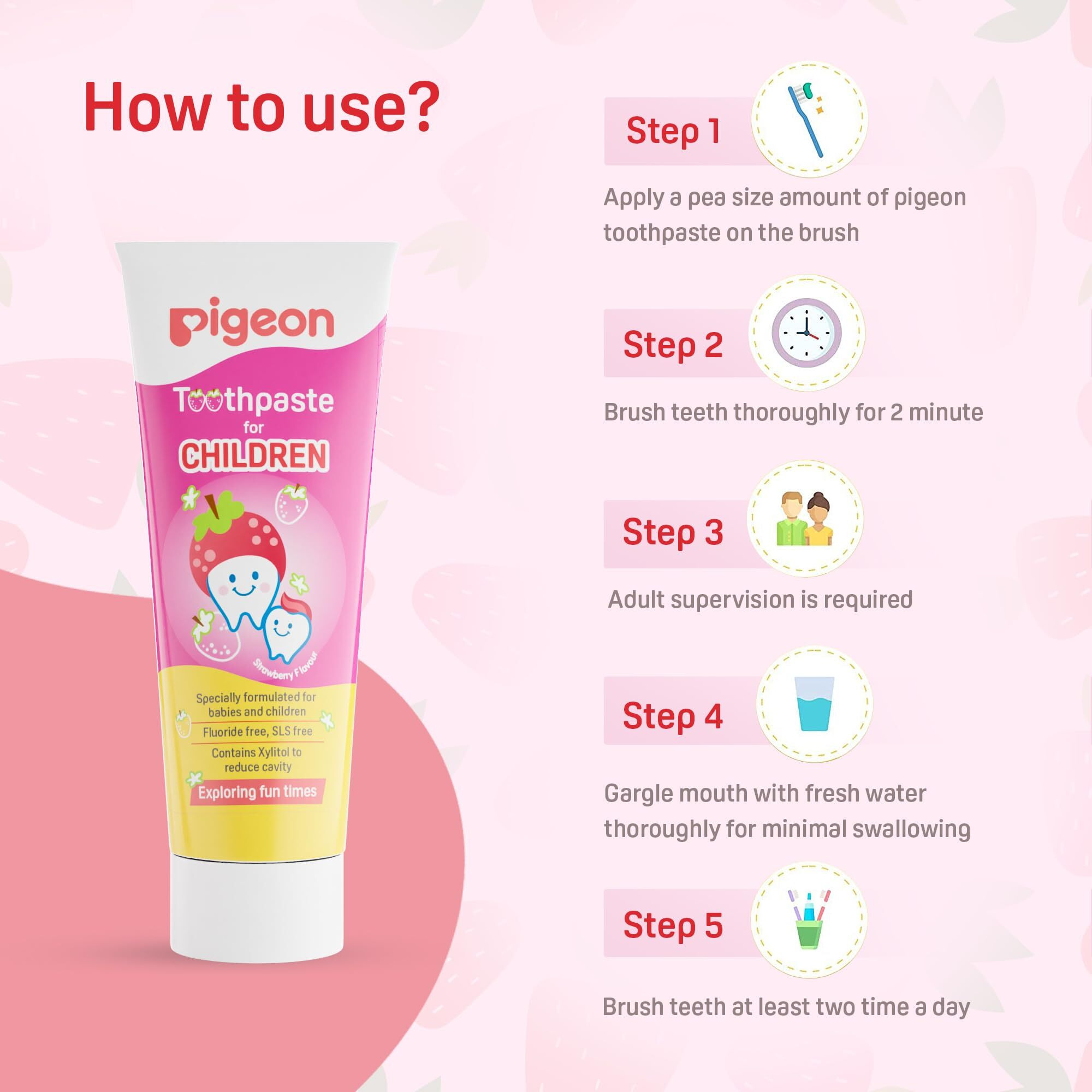 Pigeon Strawberry Toothpaste, For Babies And Children,Fluroide -Free,Sls Free,Color Free,Paraben Free, Ph Friendly,45 G, Deep Clean
