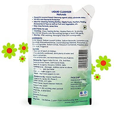 Pigeon Liquid Cleanser Naturals Refill ,Ph Friendly,No Added Color,No Added Alcohol,Natural Cleanser, For Baby Feeding Bottle,Bood Bowls,Feeding Accessories,Fruits And Vegetables,200 Ml