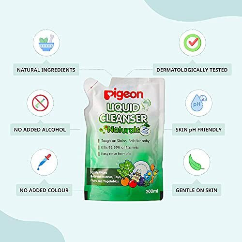 Pigeon Liquid Cleanser Naturals Refill ,Ph Friendly,No Added Color,No Added Alcohol,Natural Cleanser, For Baby Feeding Bottle,Bood Bowls,Feeding Accessories,Fruits And Vegetables,200 Ml