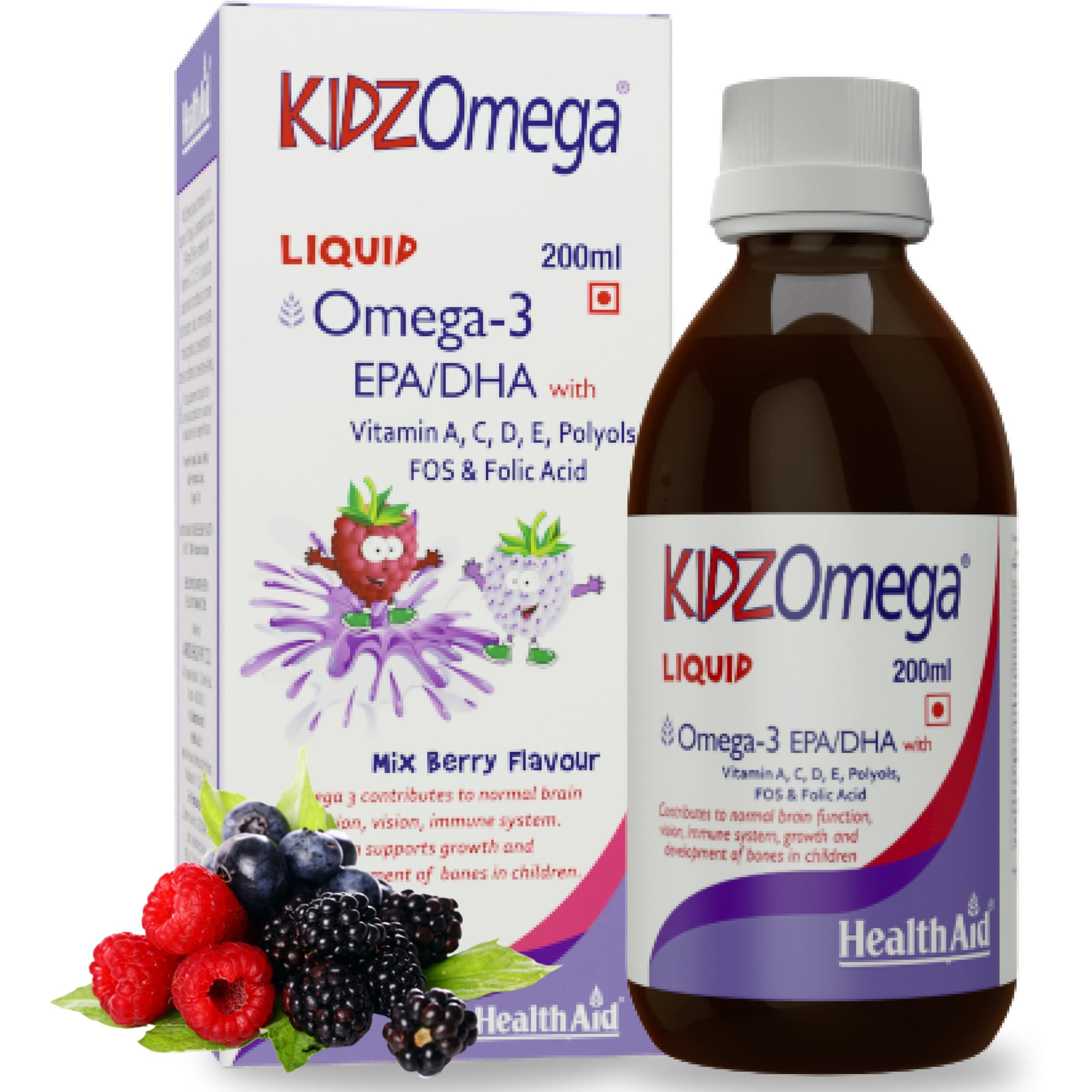 Healthaid Kidzomega - 200Ml | Ideal For Kids Where Yummy Meets Healthy | Omega 3 Dha With Vitamin C, D, E | Omega 3 Syrup For Kids Optimal Growth | Supports Brain Health | Mix Berry Flavor