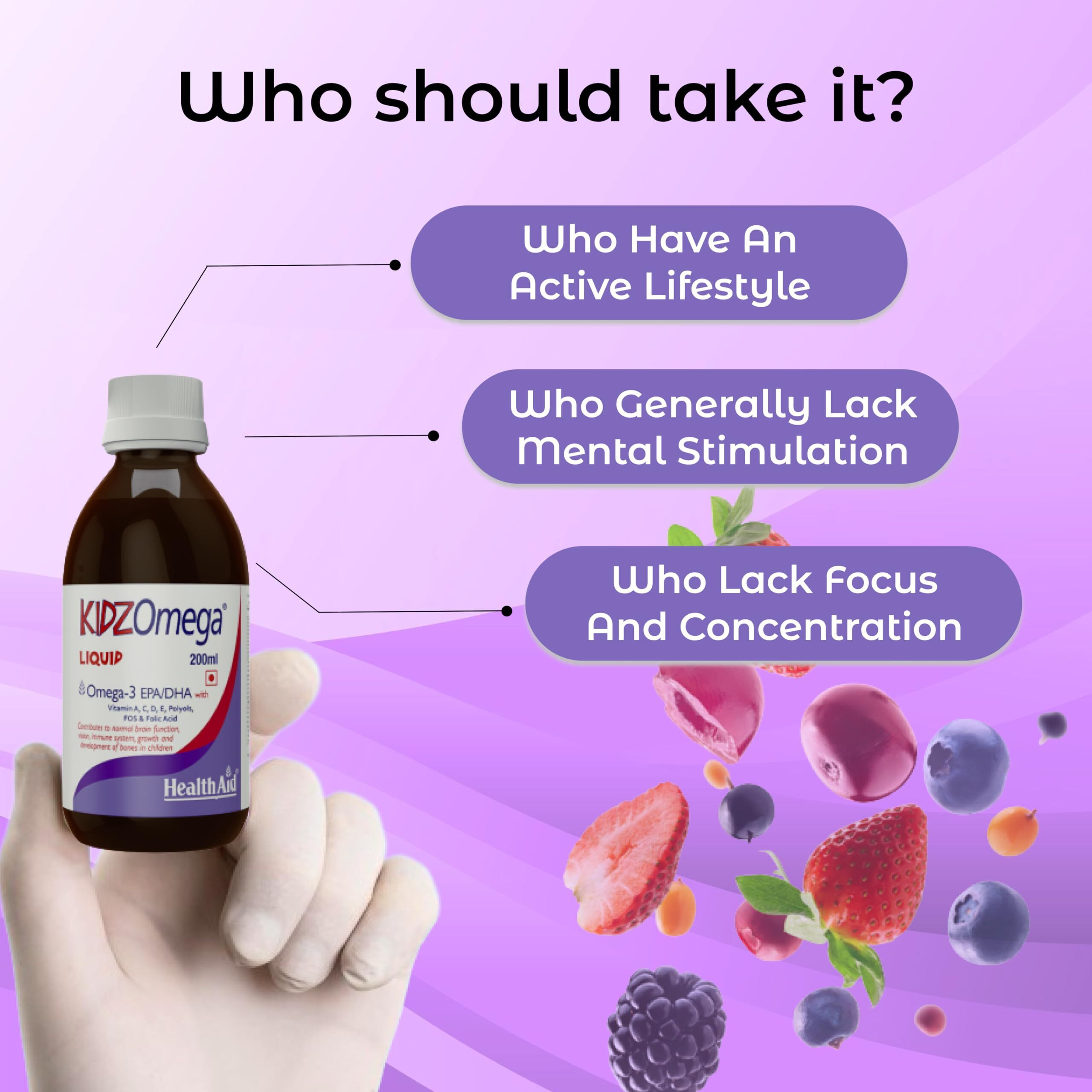 Healthaid Kidzomega - 200Ml | Ideal For Kids Where Yummy Meets Healthy | Omega 3 Dha With Vitamin C, D, E | Omega 3 Syrup For Kids Optimal Growth | Supports Brain Health | Mix Berry Flavor