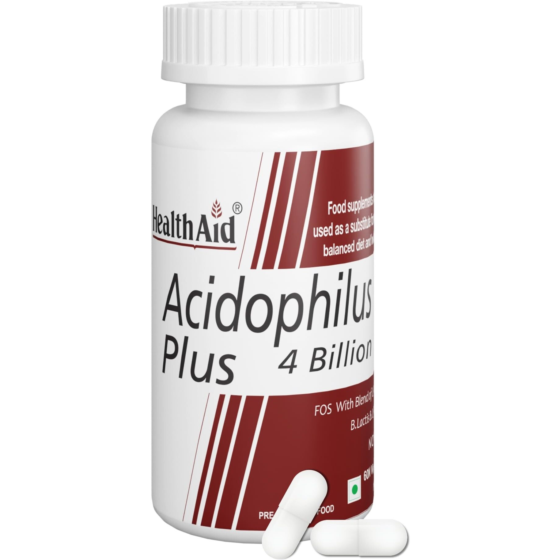Healthaid Acidophilus Plus 4 Billion Gut Health Daily Supplements | Clinically Researched Prebiotics & Probiotics For Gut Health | Digestive Enzymes Supplement | 60 Veg Capsules (Pack Of 1)