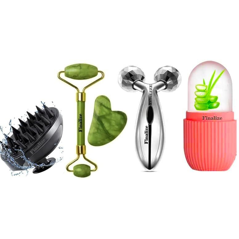 Finalize 3D Manual Roller Face Body Massager With Ice Roller For Face,Ice Face Roller Silicone Facial Cube,Ice Cube Massager Face,Jade Roller With Gau Sha Stone,Head Scalp Shampoo Brush(Multi)