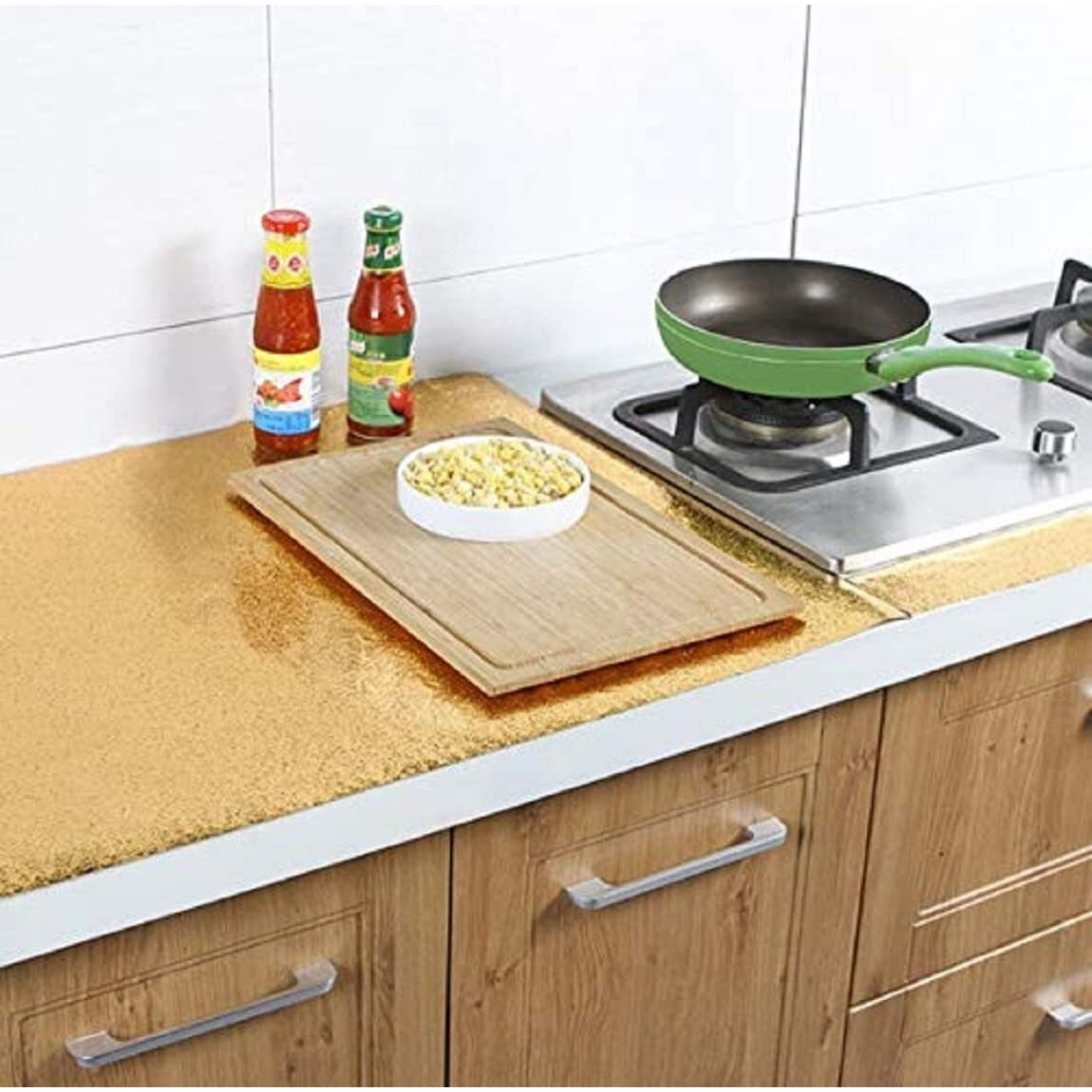 Sarvatray Kitchen Foil Sticker Roll Marble, Pvc Wallpapers For Walls Kitchen, Water Proof Wall Paper, Kitchen Stove Wall Sheets, Kitchen Top Sticker, Kitchen Wall Stickers Oil Proof Heat Resistant (2 M Golden Curly Fa)