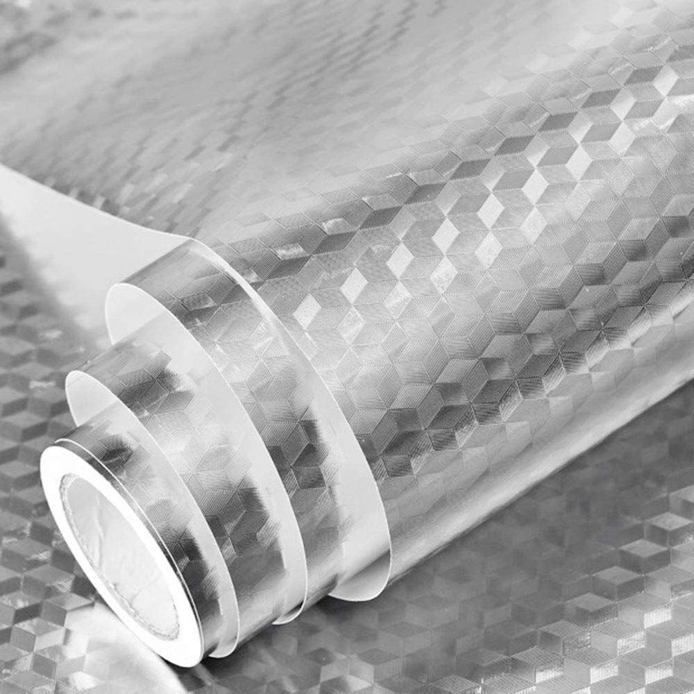 Om Akshar Aluminium Foil For Kitchen Sticker, Self-Adhesive And Removable Vinyl Marble Paper For Kitchen, Wallpaper Pvc Bathroom Wall Stickers, Wallpaper For Fridge, Table Top, Wall, Floor, Home&Kitchen. (2 M Silver 3D Yo)