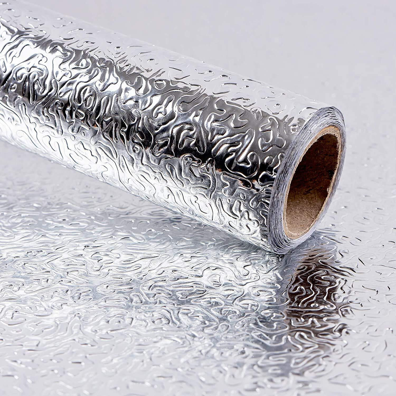 Sarvatray Aluminum Foil Stickers For Kitchen Slab And Wall, Vinyl Stickers For Kitchen, Pvc Wallpaper Sticker Kitchen Wall Stickers Oil Proof Heat Resistant, Kitchen Platform Sticker, Self Adhesive Wallpaper For Kitchen (2 M Silver Curly No3)