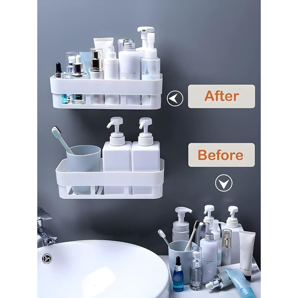 Morivahomes Self Adhesive Multipurpose Wall Mount Bathroom Shelf For Wall Soap Dish Holder For Wall Bathroom Accessories Utensils Rack Organiser (White, 2 Bathroom Shelves & 2 Soap Dish Holder)