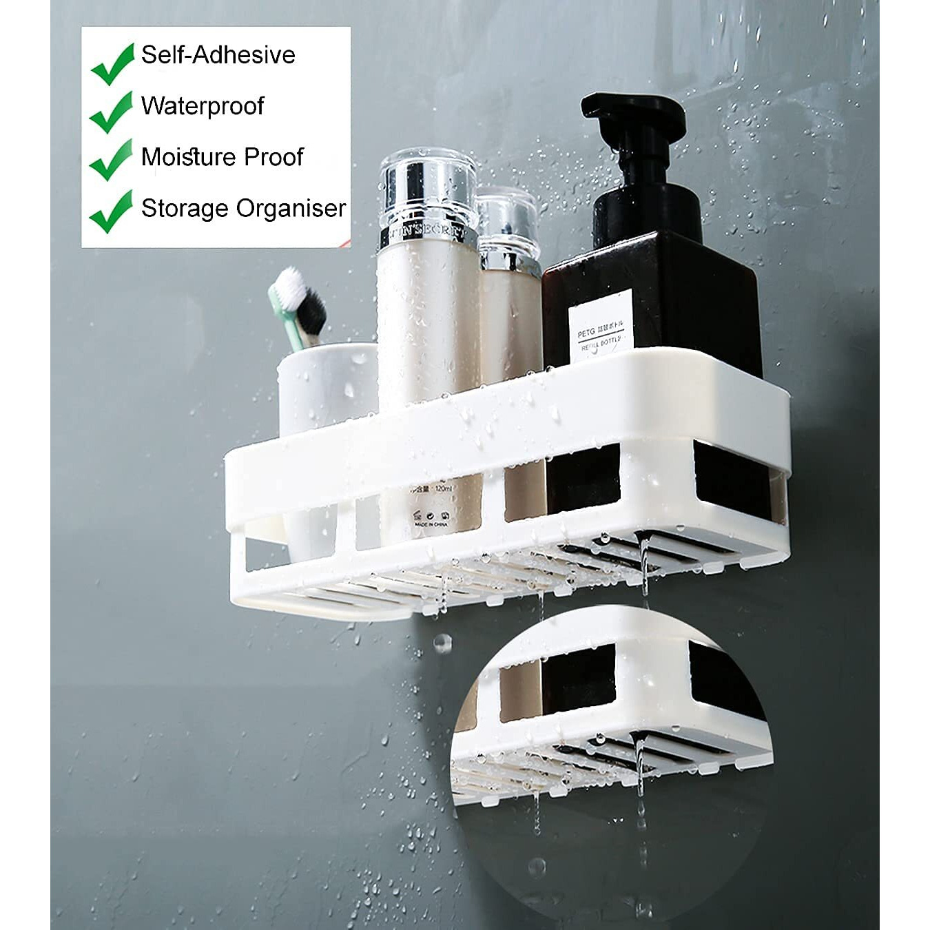 Morivahomes Self Adhesive Multipurpose Wall Mount Bathroom Shelf For Wall Soap Dish Holder For Wall Bathroom Accessories Utensils Rack Organiser (White, 2 Bathroom Shelves & 2 Soap Dish Holder)