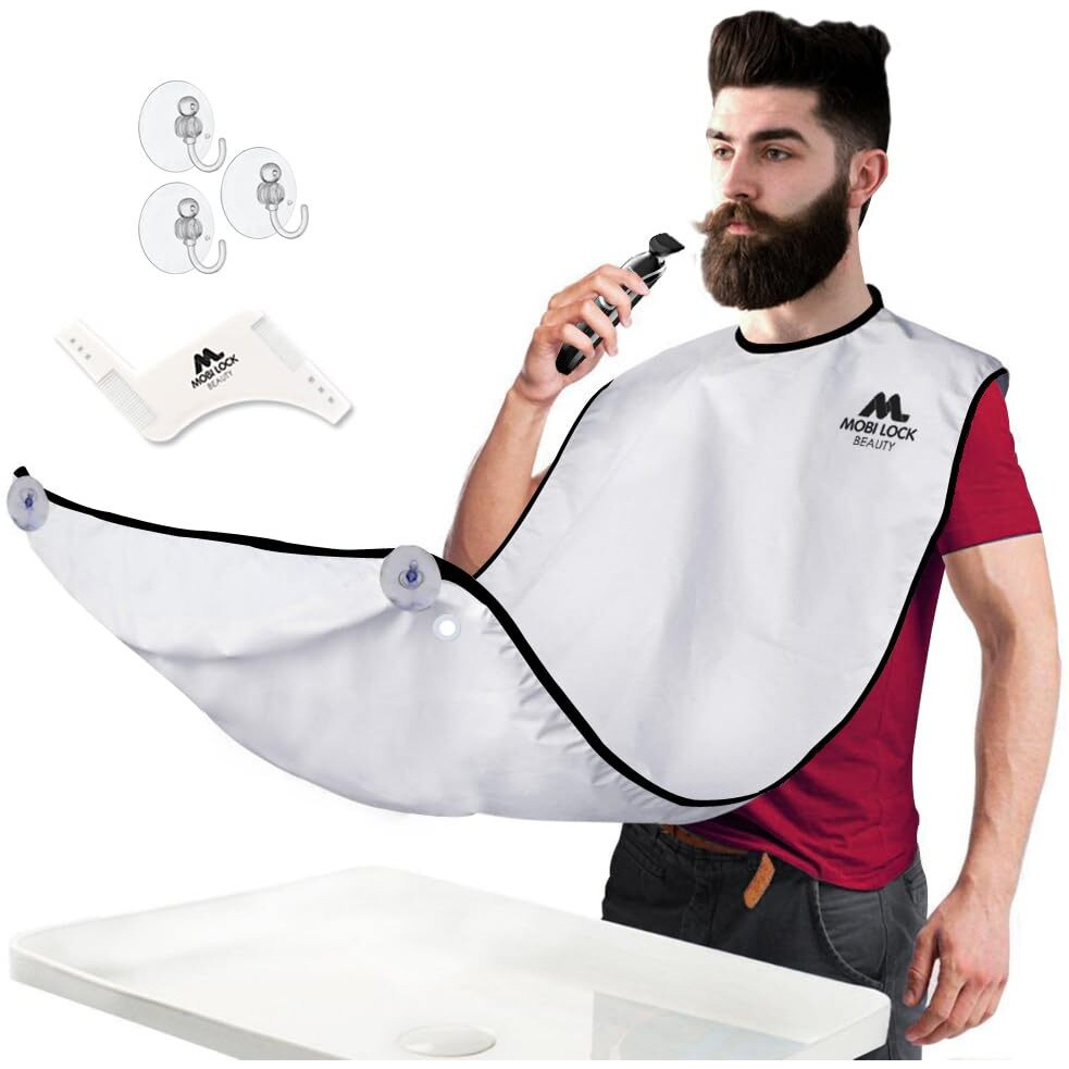 Best Beard Shaving Catcher Bib The Smart Way To Shave  Beard Trimming Apron & Shaving Cape  Perfect Grooming Gift Or Men's Birthday Gift  Includes Shaping Comb, Bag, & Grooming E-Book By Mobi Lock