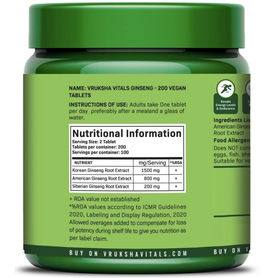 Vruksha Vitals Triple Ginseng Root - 2500 Mg - Korean Red Panax Ginseng, Siberian Ginseng And American Ginseng Extract Powder Tablets Capsules Supplement