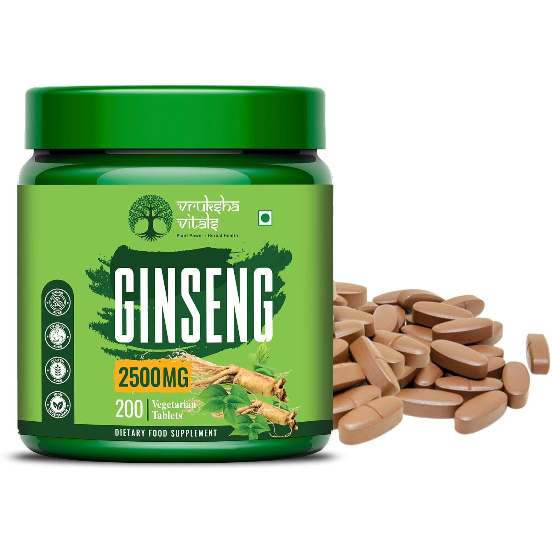 Vruksha Vitals Triple Ginseng Root - 2500 Mg - Korean Red Panax Ginseng, Siberian Ginseng And American Ginseng Extract Powder Tablets Capsules Supplement