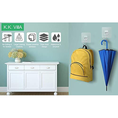 K.K. Villa Hook For Wall Self Adhesive Hooks, Stainless Steel + Abs Adhesive Wall Hanger For Kitchen Bathroom Office Closet - Waterproof,Oilproof No Drill-No Glue Needed (Single Hook, 2)