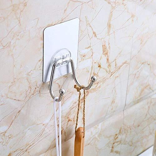 K.K. Villa Hook For Wall Self Adhesive Hooks, Stainless Steel + Abs Adhesive Wall Hanger For Kitchen Bathroom Office Closet - Waterproof,Oilproof No Drill-No Glue Needed (Double Hook, 3)