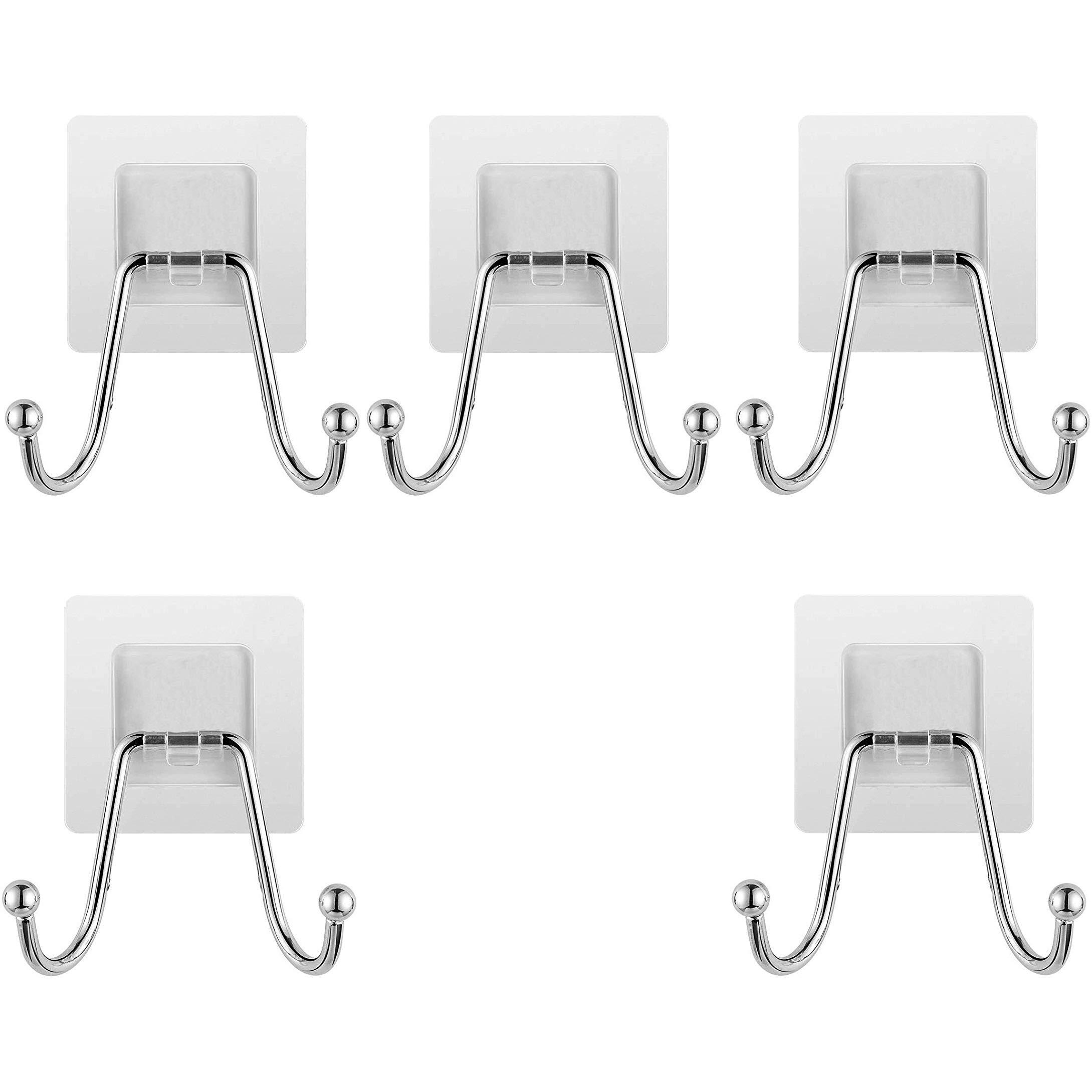 K.K. Villa Hook For Wall Self Adhesive Hooks, Stainless Steel + Abs Adhesive Wall Hanger For Kitchen Bathroom Office Closet - Waterproof,Oilproof No Drill-No Glue Needed (Double Hook, 5)