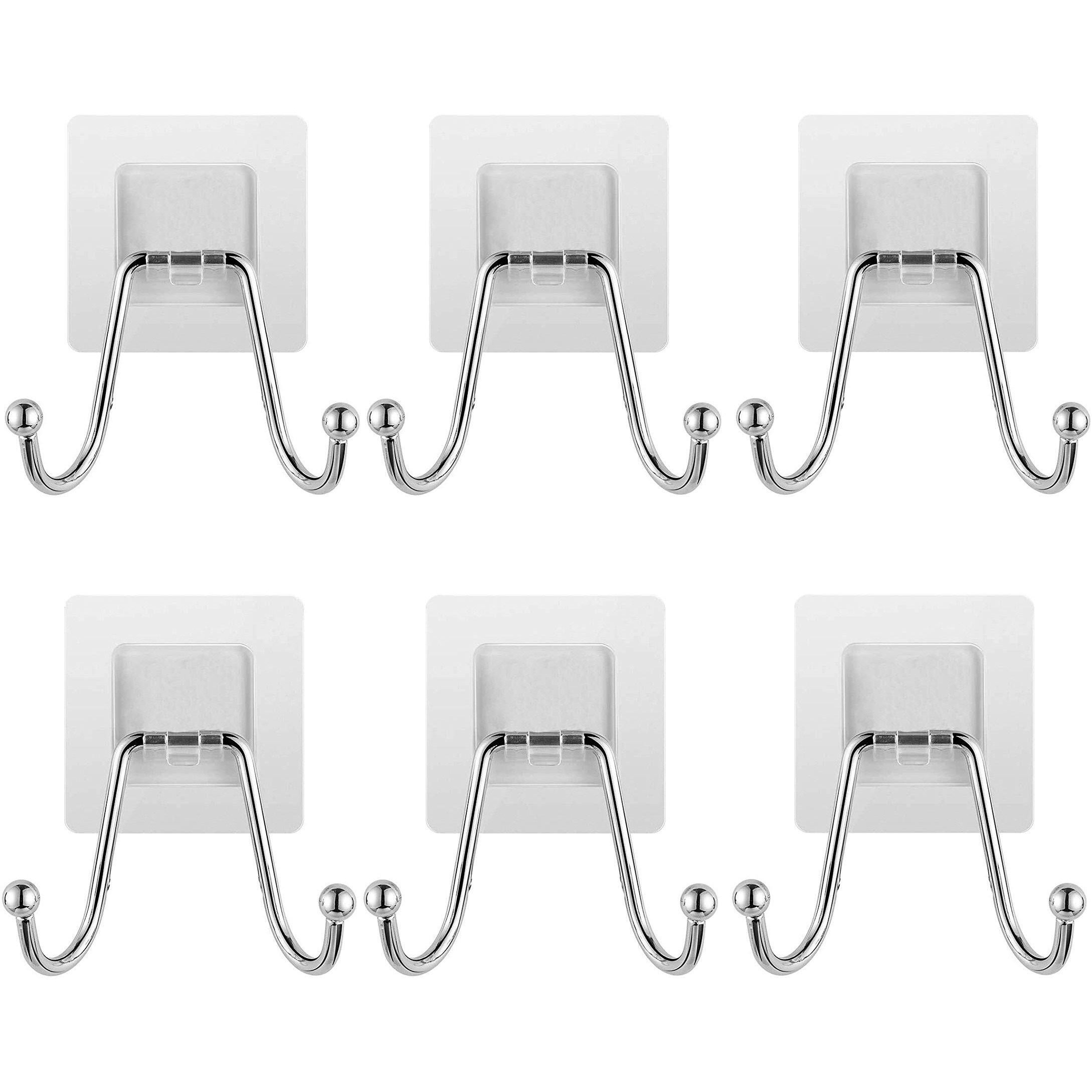 K.K. Villa Hook For Wall Self Adhesive Hooks, Stainless Steel + Abs Adhesive Wall Hanger For Kitchen Bathroom Office Closet - Waterproof,Oilproof No Drill-No Glue Needed (Double Hook, 6)