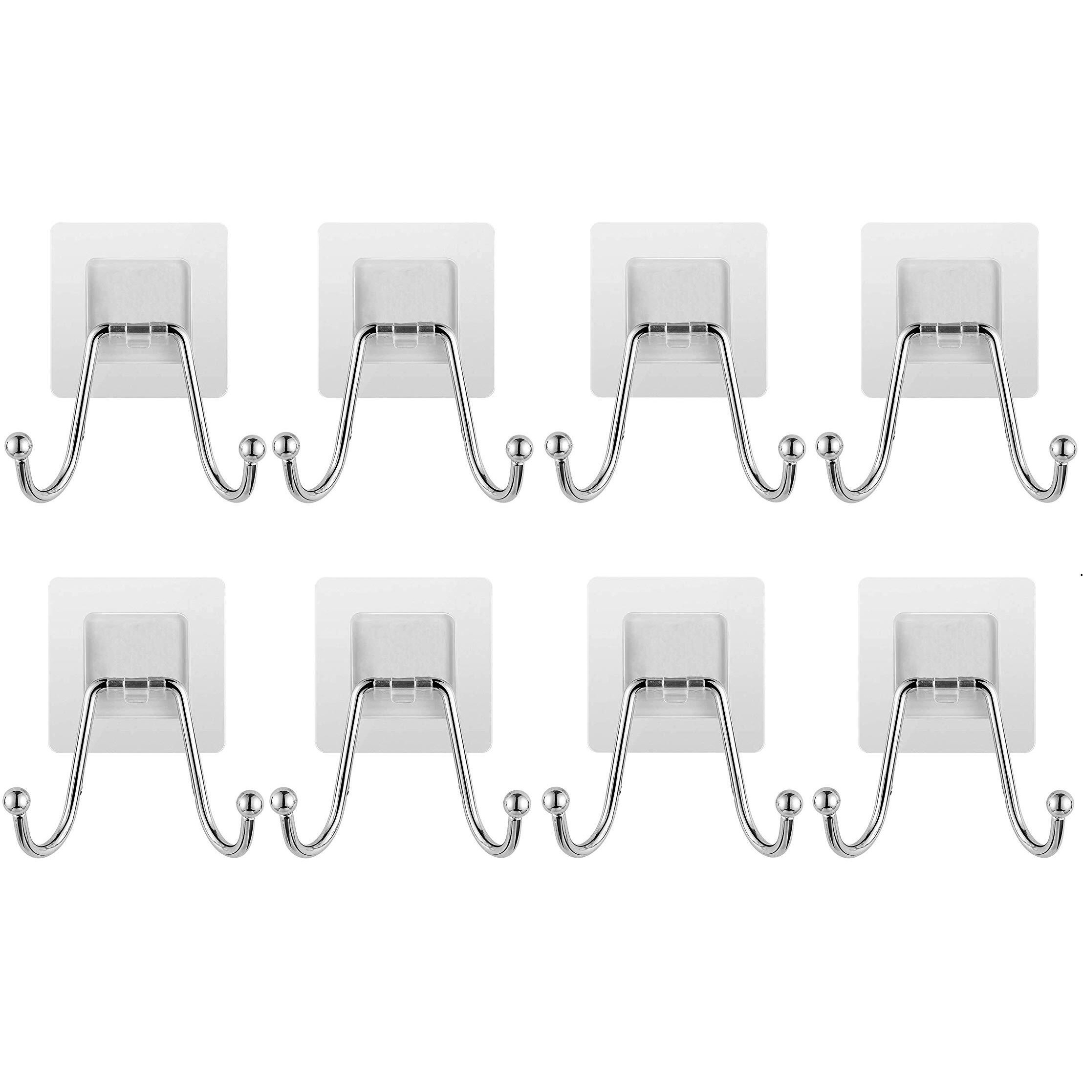 K.K. Villa Hook For Wall Self Adhesive Hooks, Stainless Steel + Abs Adhesive Wall Hanger For Kitchen Bathroom Office Closet - Waterproof,Oilproof No Drill-No Glue Needed (Double Hook, 8)