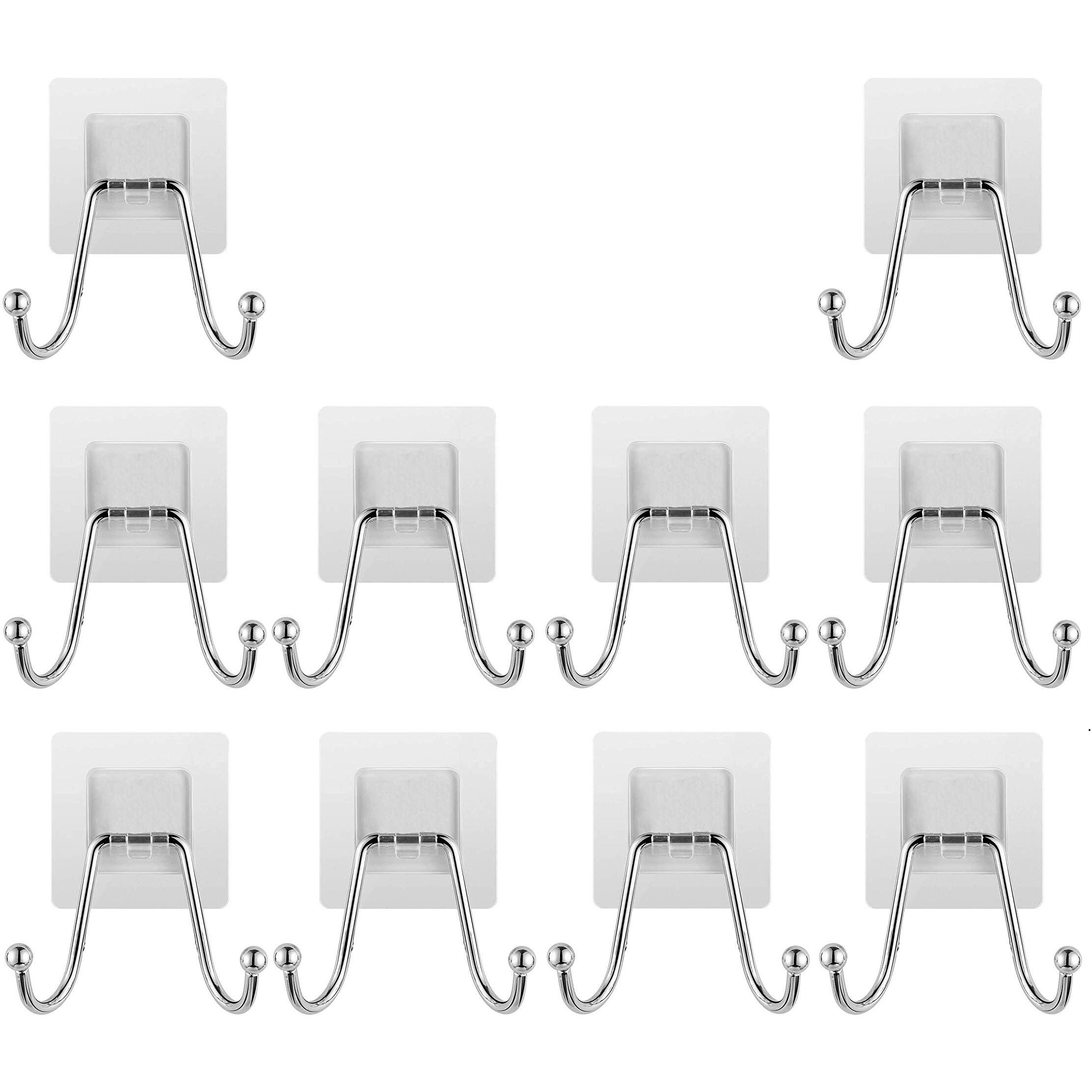 K.K. Villa Hook For Wall Self Adhesive Hooks, Stainless Steel + Abs Adhesive Wall Hanger For Kitchen Bathroom Office Closet - Waterproof,Oilproof No Drill-No Glue Needed (Double Hook, 10)