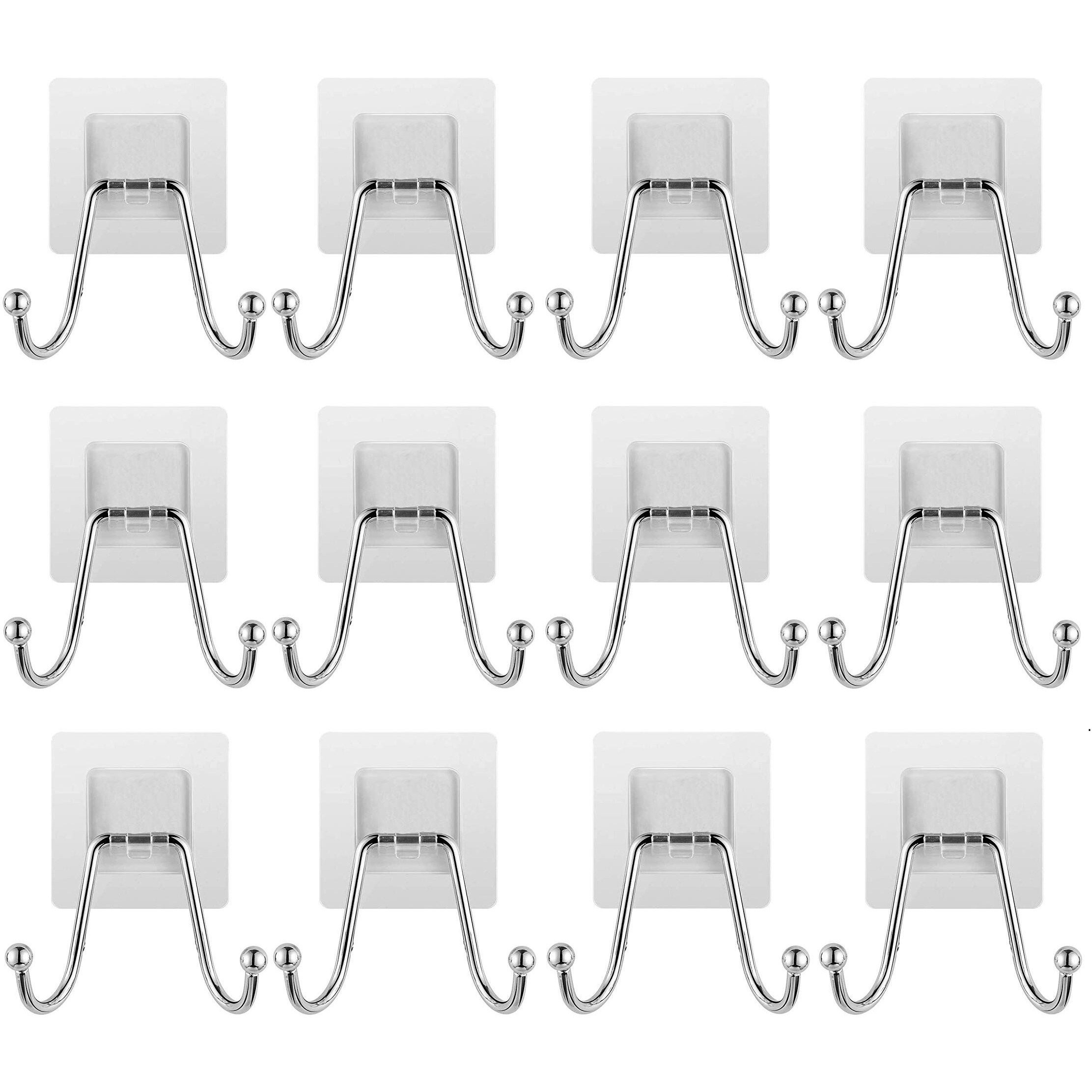 K.K. Villa Hook For Wall Self Adhesive Hooks, Stainless Steel + Abs Adhesive Wall Hanger For Kitchen Bathroom Office Closet - Waterproof,Oilproof No Drill-No Glue Needed (Double Hook, 12)