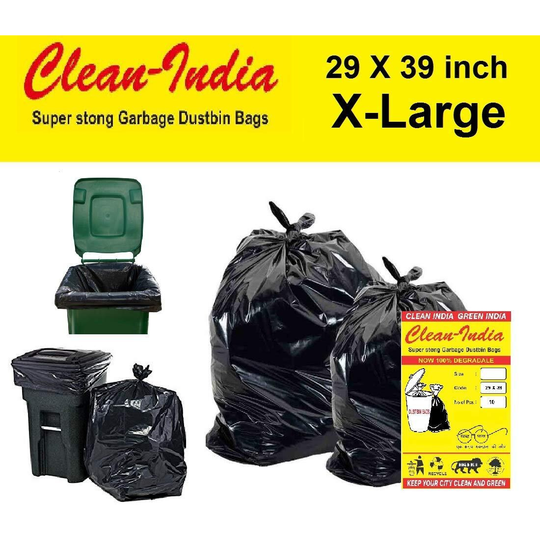 Clean India - 29X39 (Xl) | Plastic, 50 Piece (Pack Of 5 X 10 Pcs)| Extra Large Disposable Dustbin Bags Garbage Bags | 73 X 99Cm (Black)