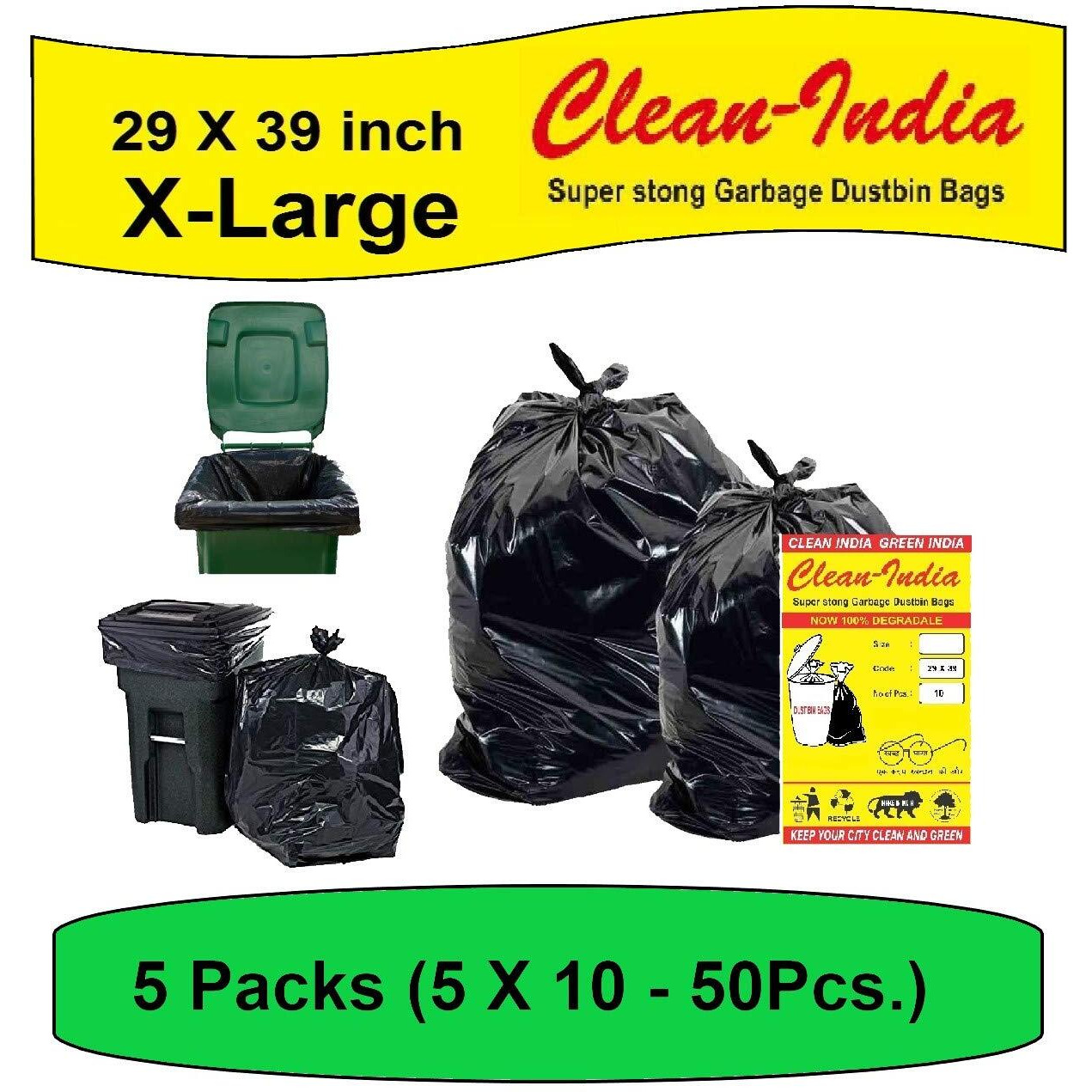 Clean India - 29X39 (Xl) | Plastic, 50 Piece (Pack Of 5 X 10 Pcs)| Extra Large Disposable Dustbin Bags Garbage Bags | 73 X 99Cm (Black)