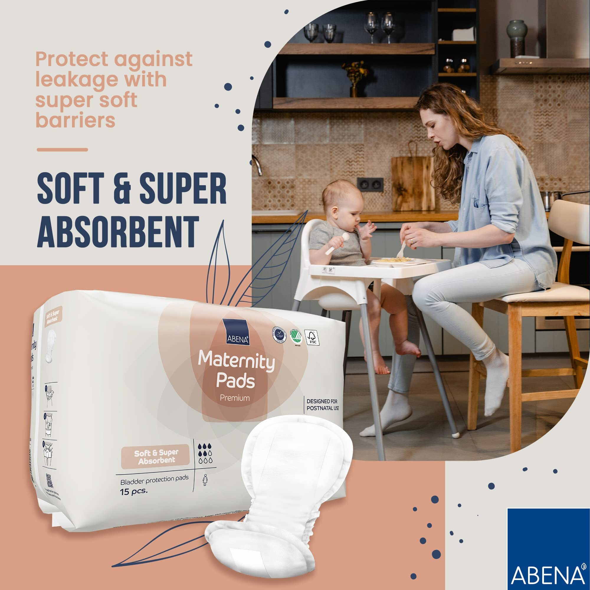 Abena Premium Maternity Pads For Women Super Absorption, Soft Disposable Pads, Breathable And Skin Friendly For After-Delivery Incontinence, Postpartum Essentials, Maternity Pads After Birth, 15 Count