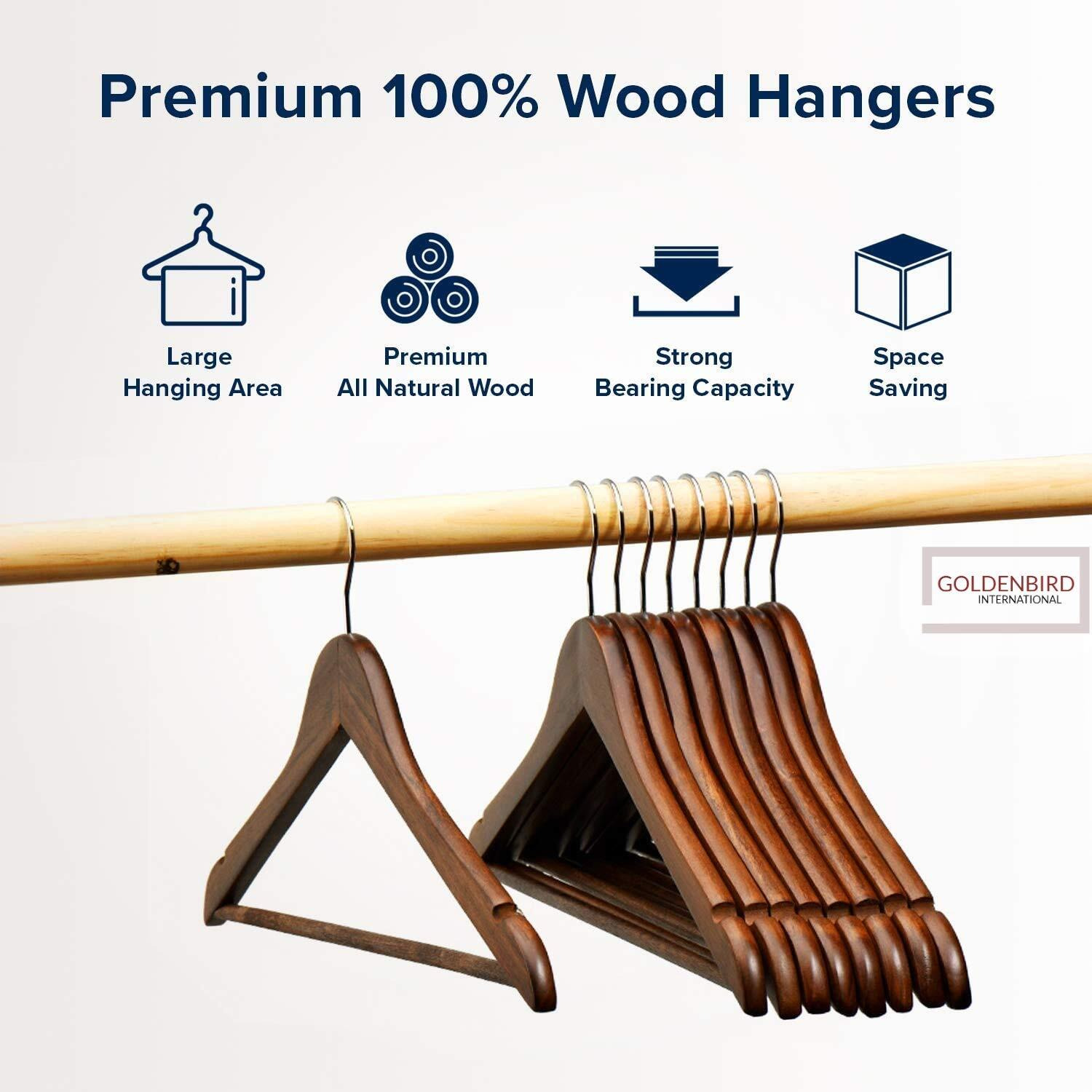 Golden Bird International Wooden Walnut Color Finish Brown Wooden Hanger With 360 Degree Swivel Hook And Precisely Cut Notches For Camisole, Jacket, Pant, Dress Clothes Hangers (2)