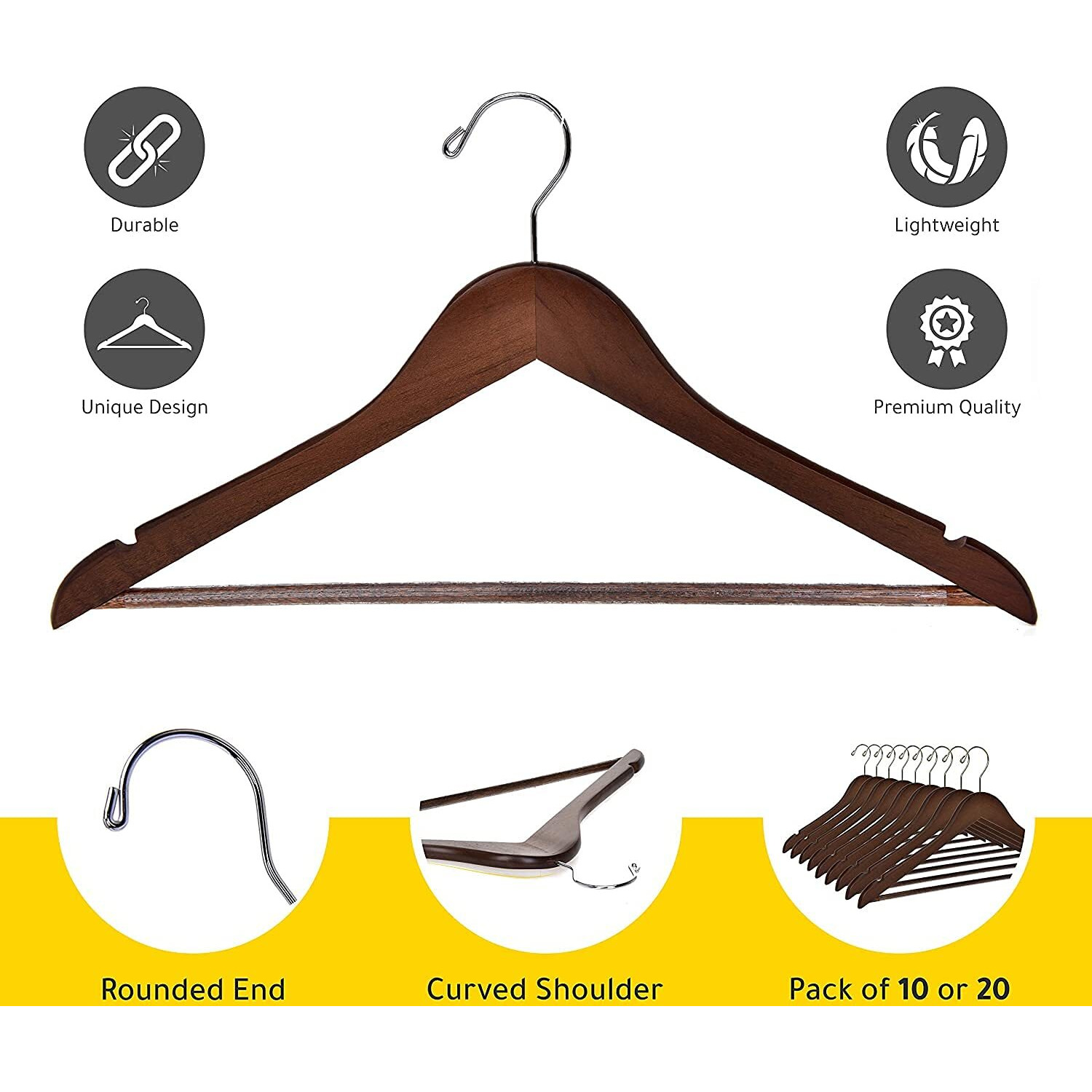 Golden Bird International Wooden Walnut Color Finish Brown Wooden Hanger With 360 Degree Swivel Hook And Precisely Cut Notches For Camisole, Jacket, Pant, Dress Clothes Hangers (4)