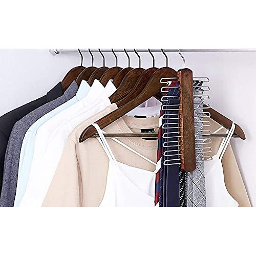 Golden Bird International Wooden Walnut Color Finish Brown Wooden Hanger With 360 Degree Swivel Hook And Precisely Cut Notches For Camisole, Jacket, Pant, Dress Clothes Hangers (10)